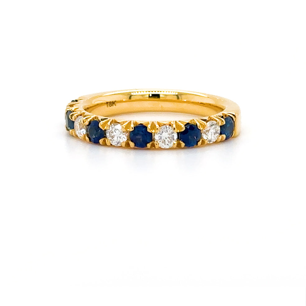 18ct Yellow Gold Blue Sapphire & Natural G Si Diamond Half Eternity Ring
