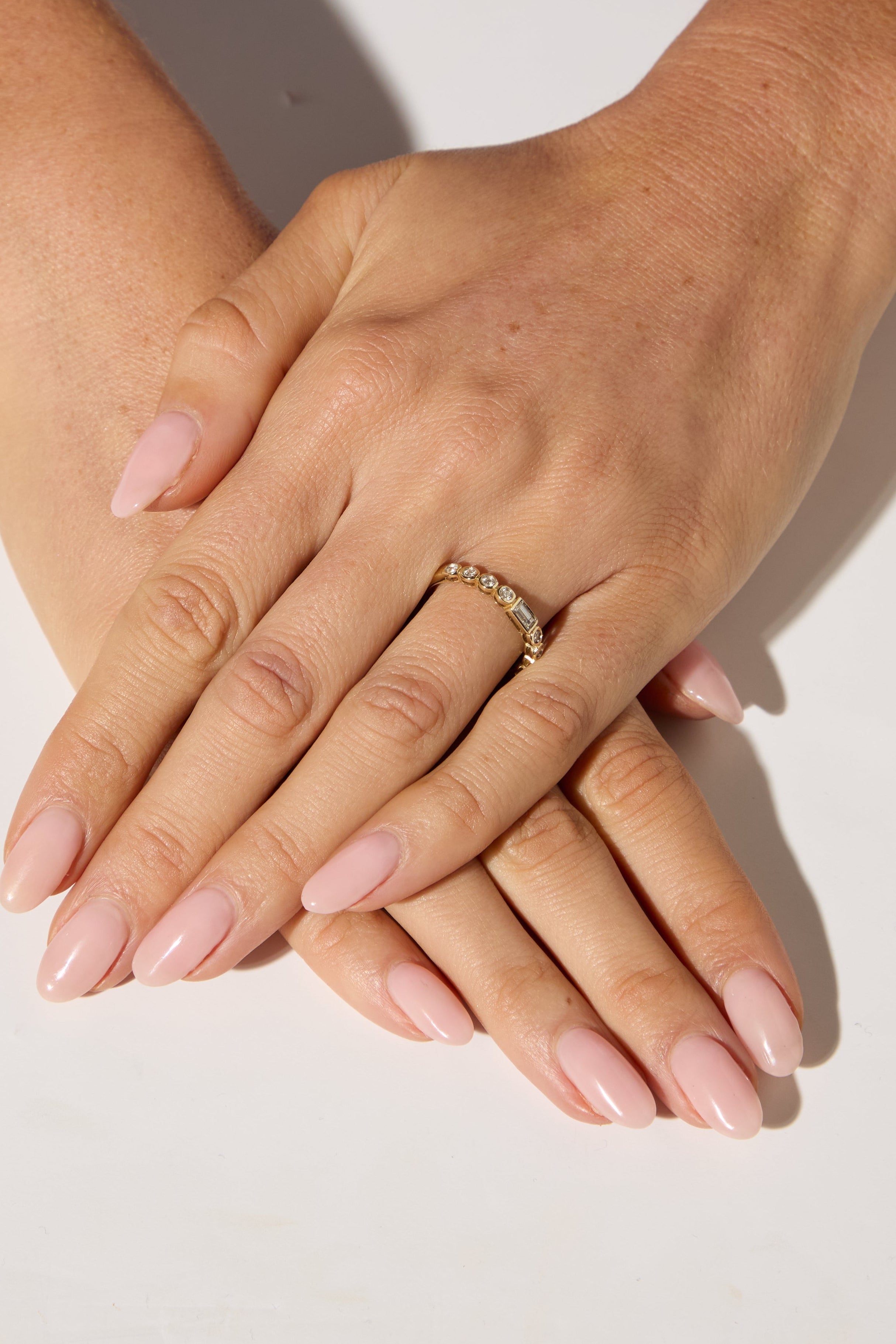 14ct Yellow Gold Half Eternity Ring with Round Diamonds & Central Baguette