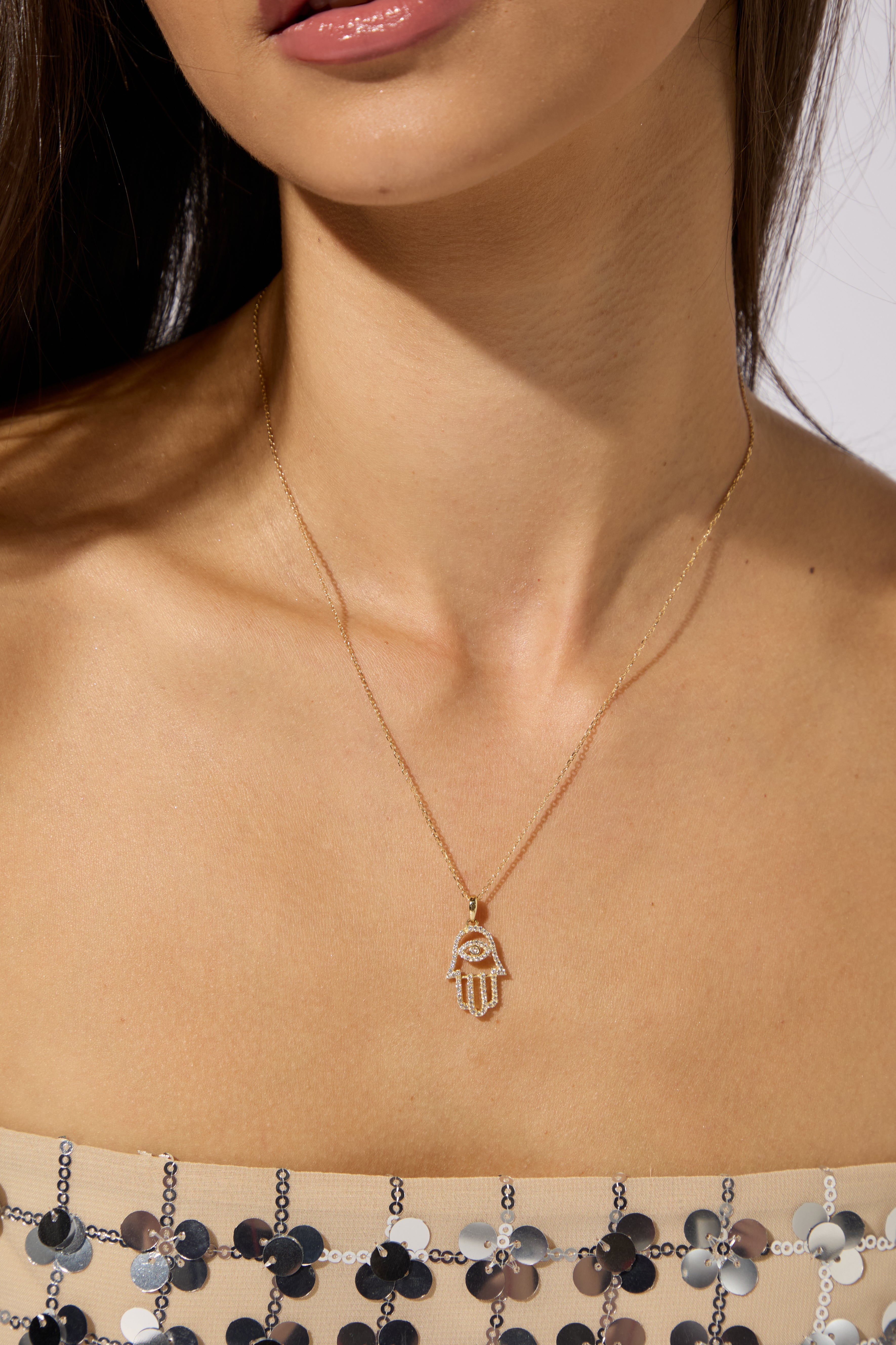 9ct Yellow CZ Set Hamsa Pendant with 18" Trace Chain