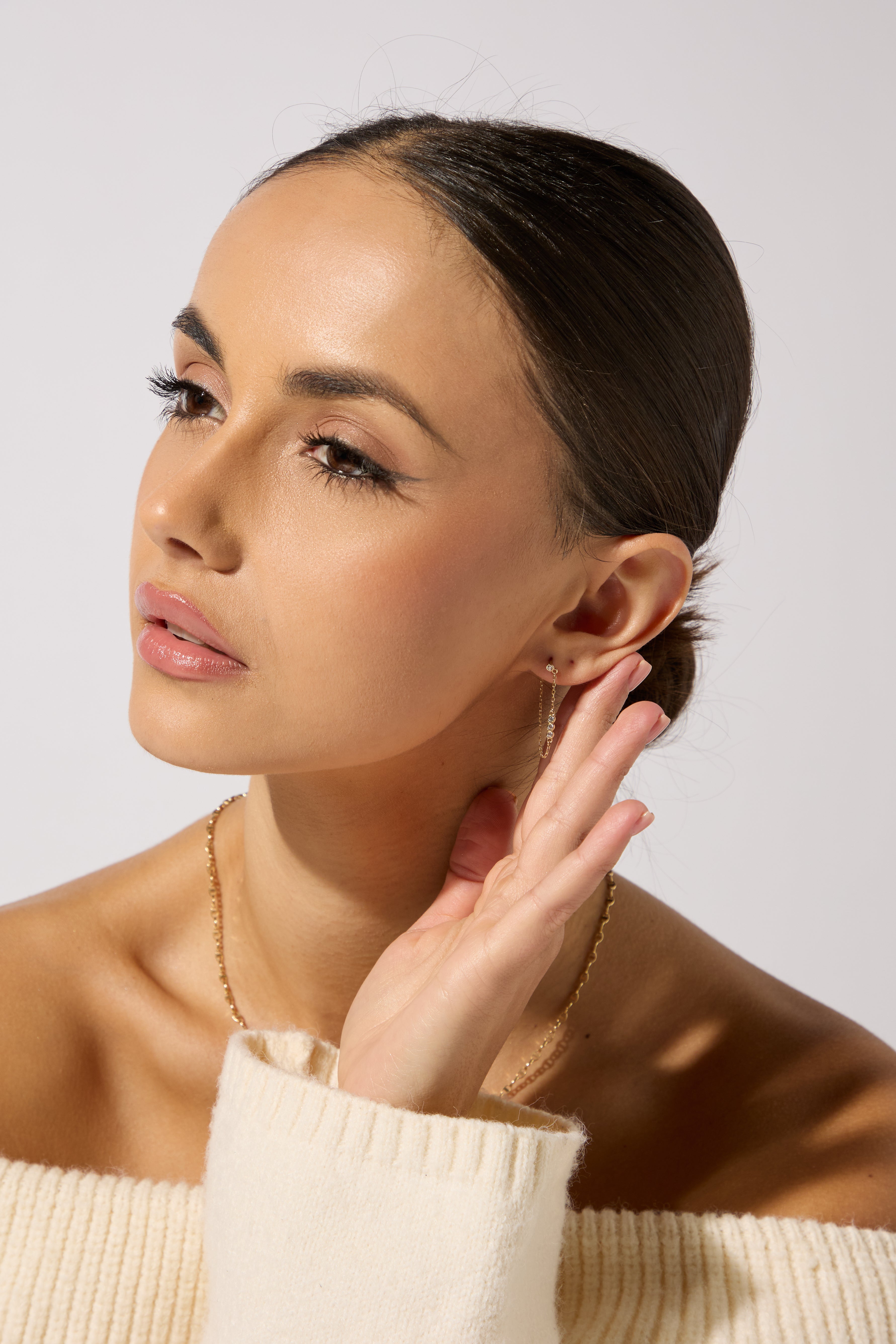 9ct Yellow Gold CZ Trilogy Shoulder Duster Chain Drop Earrings