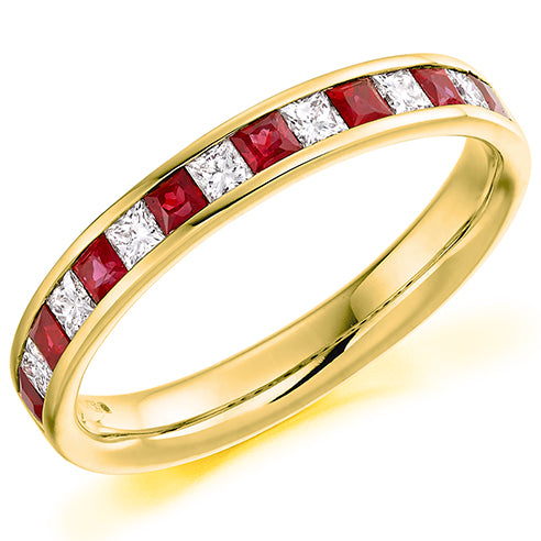 18ct Yellow Gold Ruby & Natural G Si Diamond Half Eternity Ring