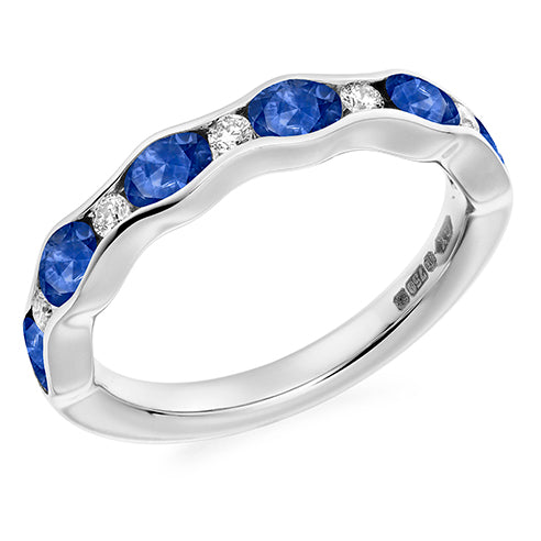 Platinum & Blue Sapphire & Natural G Si Diamond Half Eternity Ring