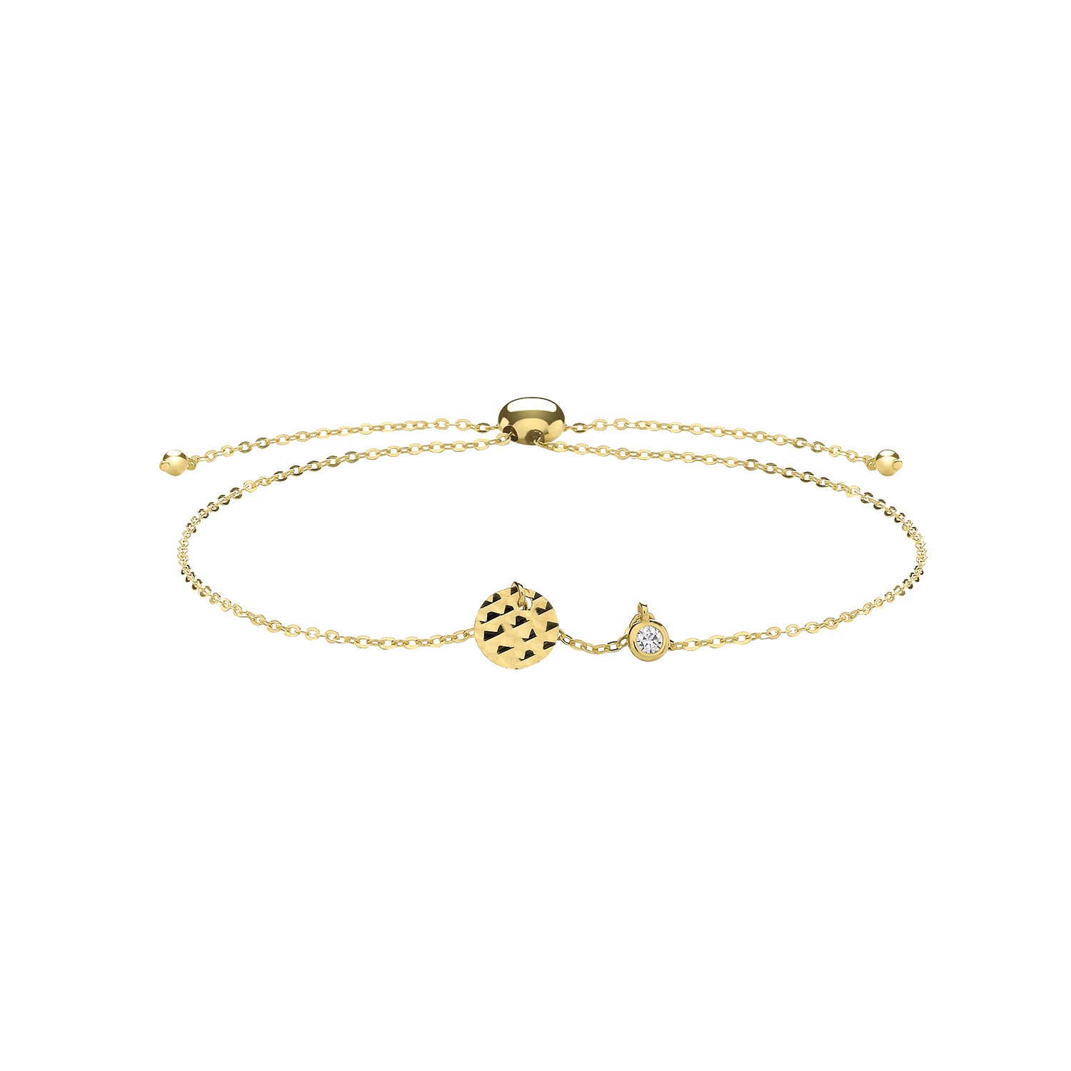9CT GOLD CZ SET AND DISC PULL STYLE BRACELET