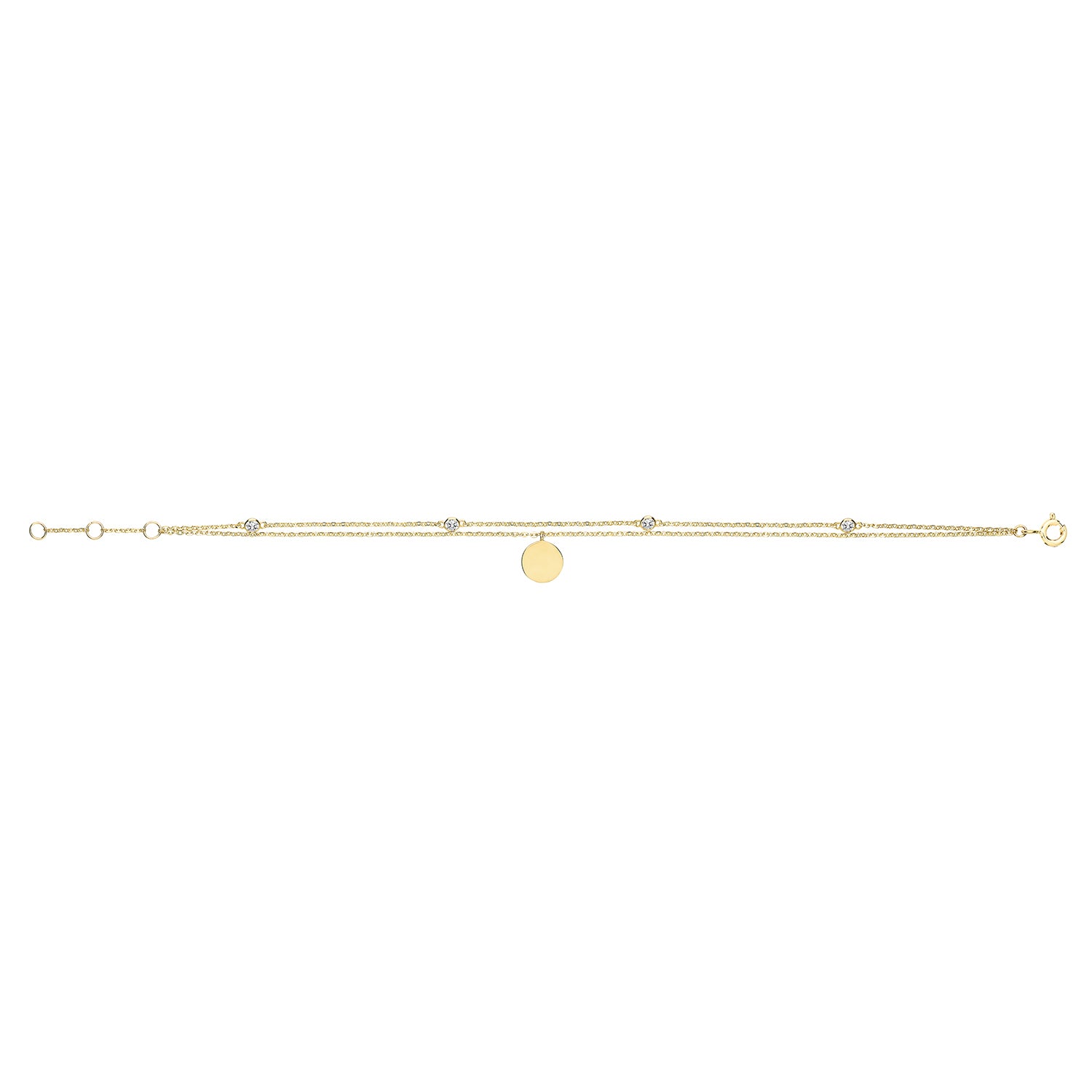 9CT GOLD CZ SET DOUBLE CHAIN WITH DANGLE DISC BRACELET