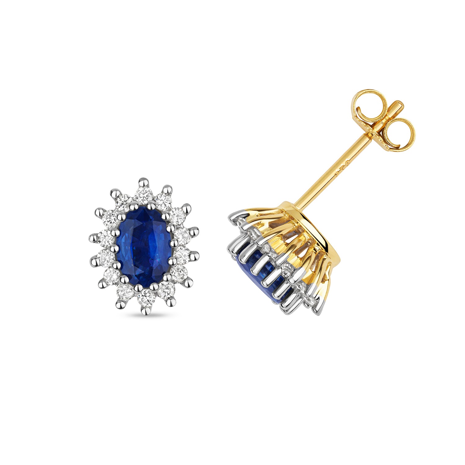 DIAMOND & SAPPHIRE OVAL CLUSTER STUDS IN 9CT GOLD