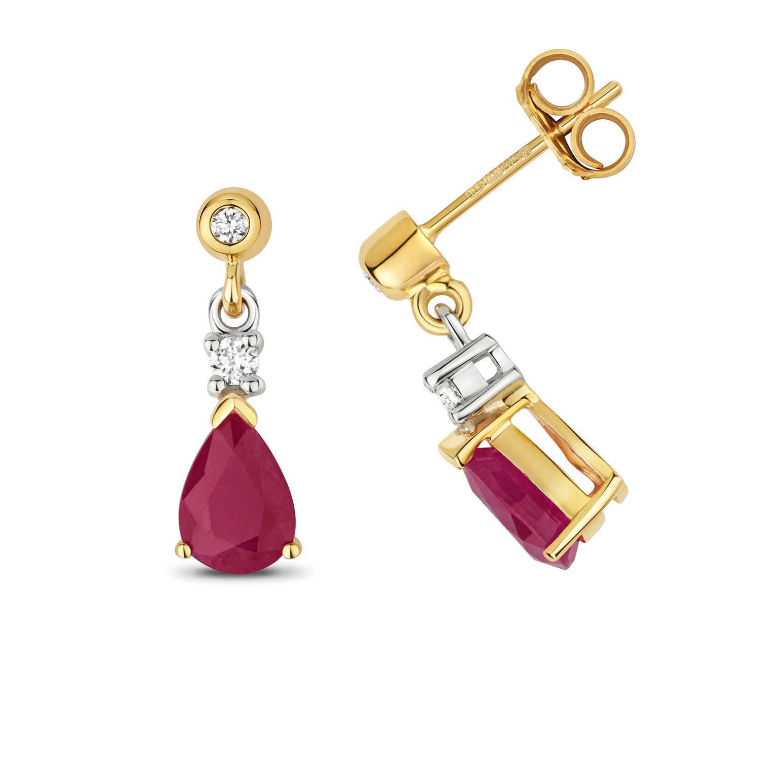 DIAMONDS & RUBY PEAR SHAPE DROPS IN 9CT GOLD