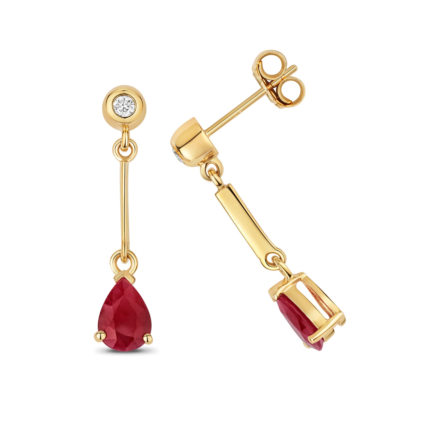 DIAMOND & RUBY PEAR SHAPE BAR DROPS IN 9CT GOLD