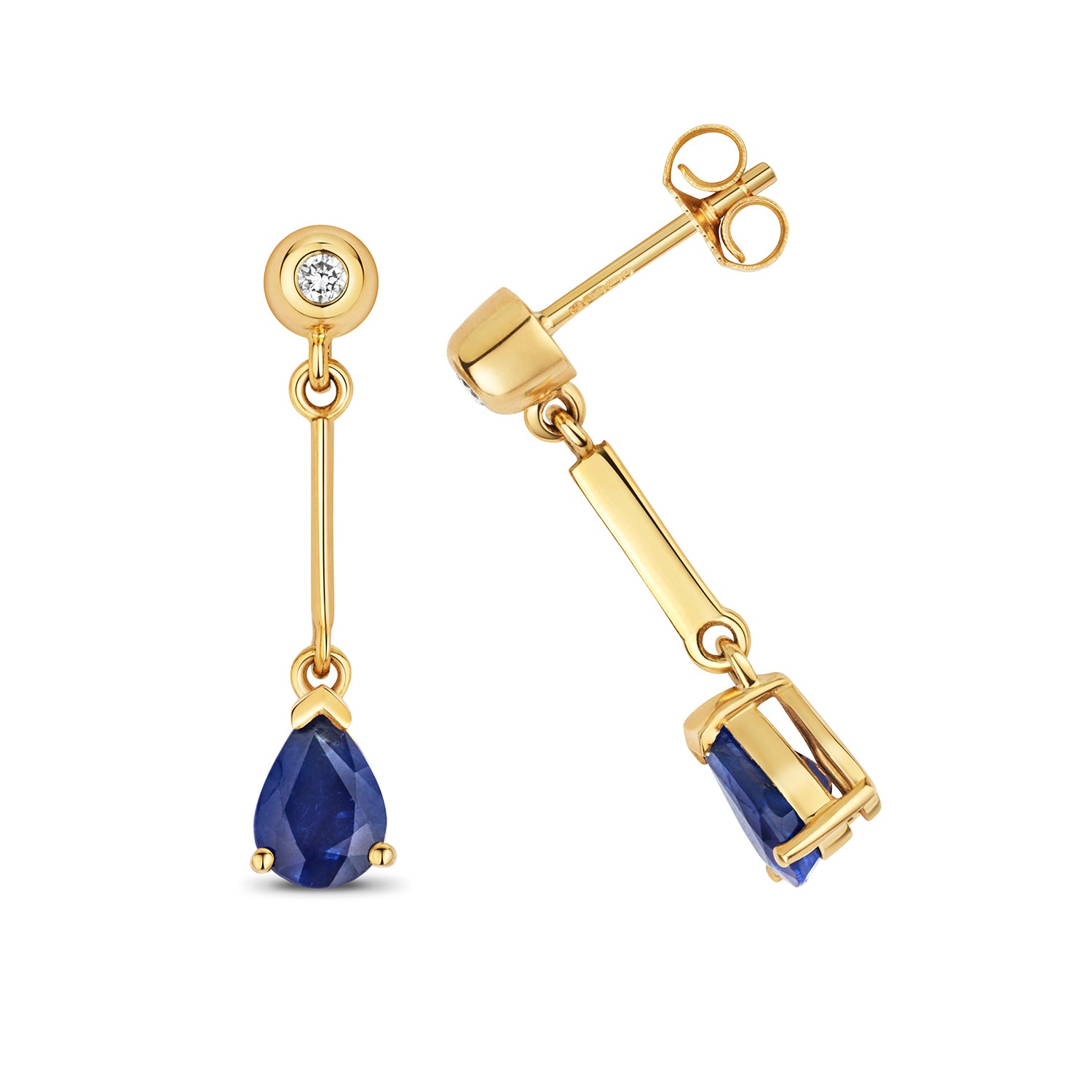 DIAMOND & SAPPHIRE PEAR SHAPE BAR DROPS IN 9CT GOLD