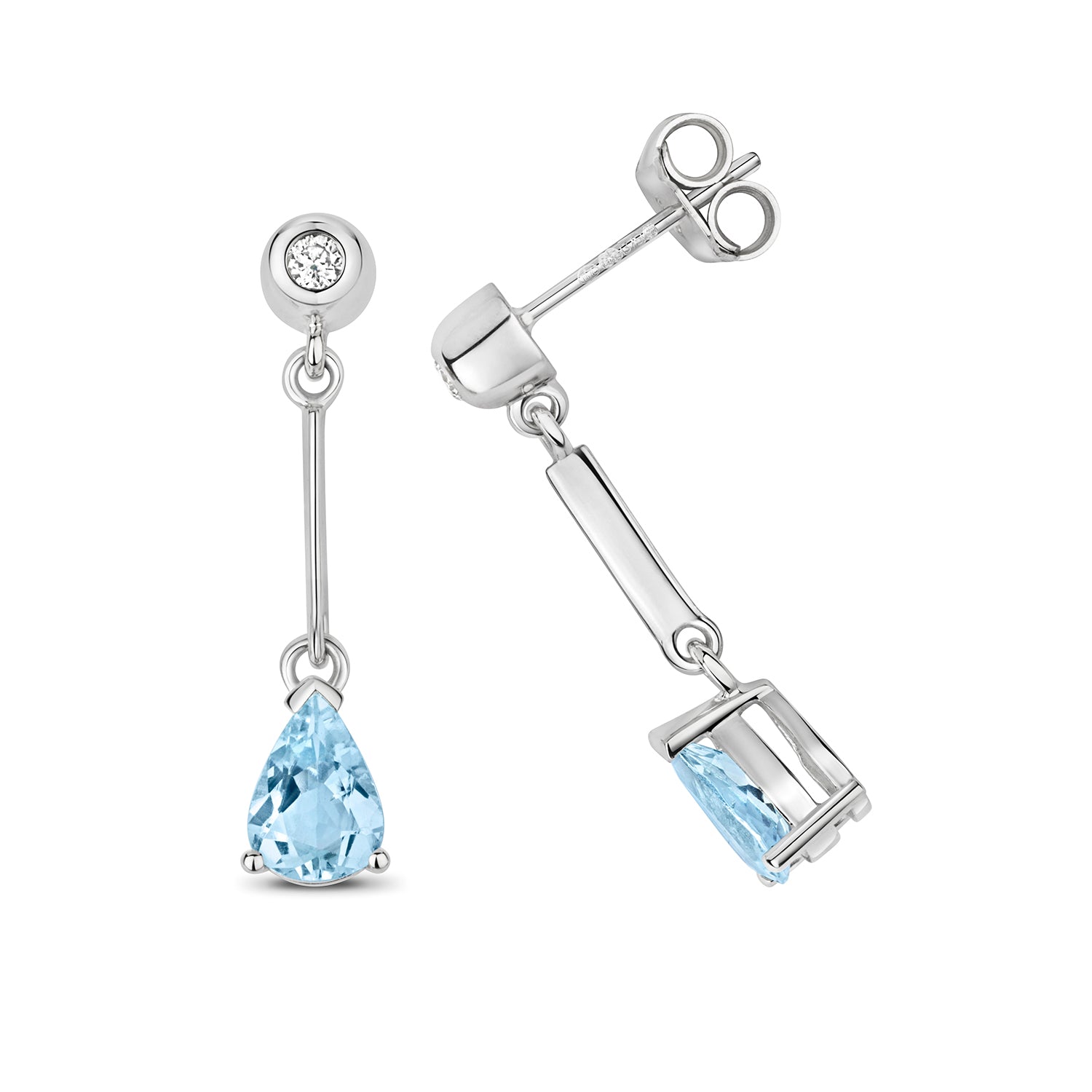 DIAMOND & AQUAMARINE PEAR SHAPE BAR DROPS IN 9CT WHITE GOLD