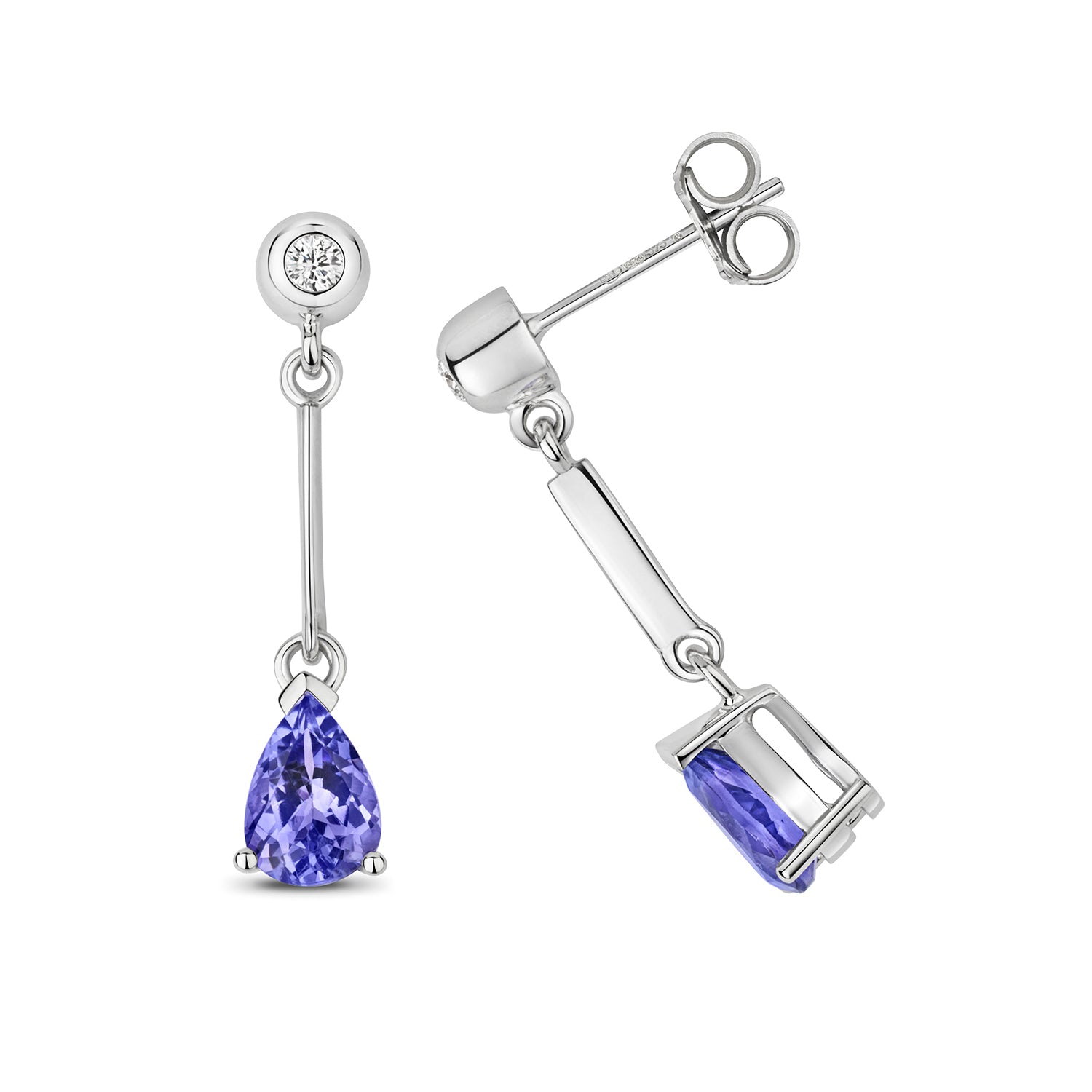 DIAMOND & TANZANITE PEAR SHAPE BAR DROPS IN 9CT WHITE GOLD