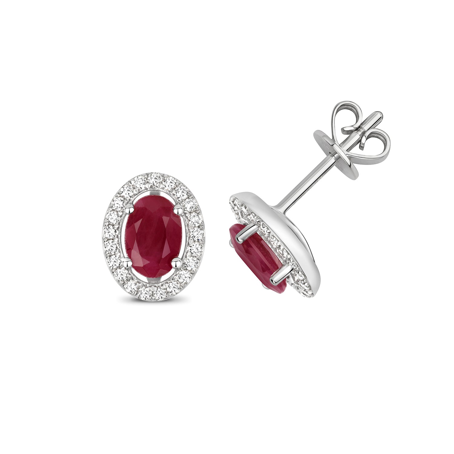 DIAMOND & RUBY OVAL HALO STUDS IN 9CT WHITE GOLD