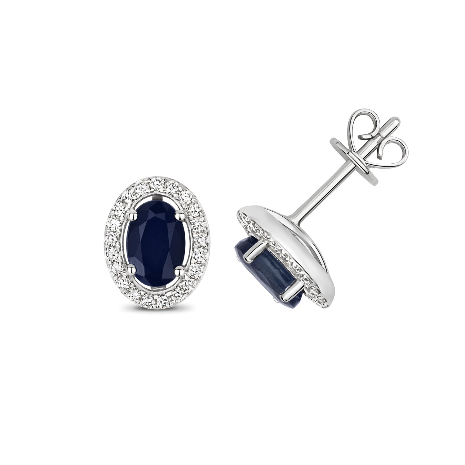 DIAMOND & SAPPHIRE OVAL HALO STUDS IN 9CT WHITE GOLD
