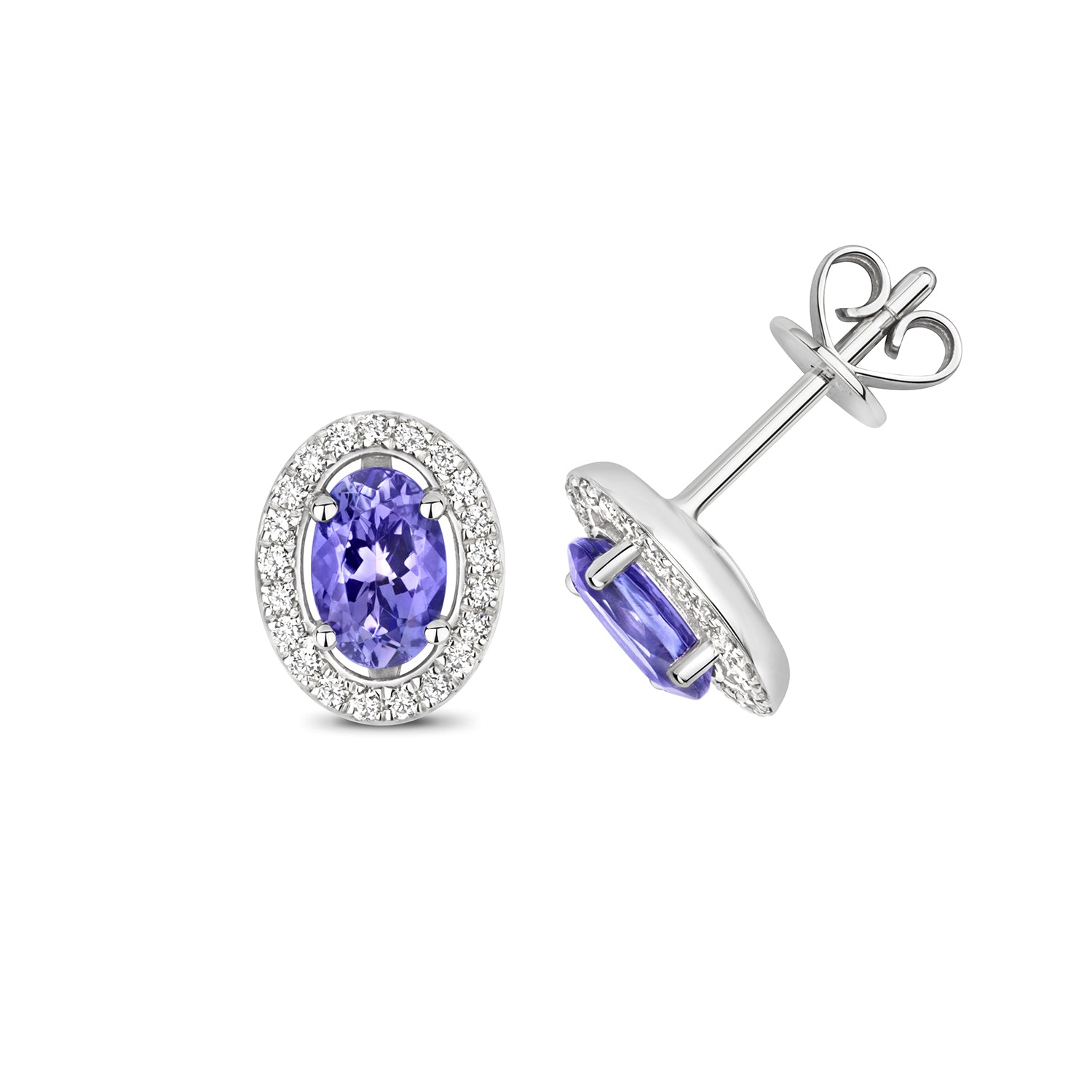 DIAMOND & TANZANITE OVAL HALO STUDS IN 9CT WHITE GOLD