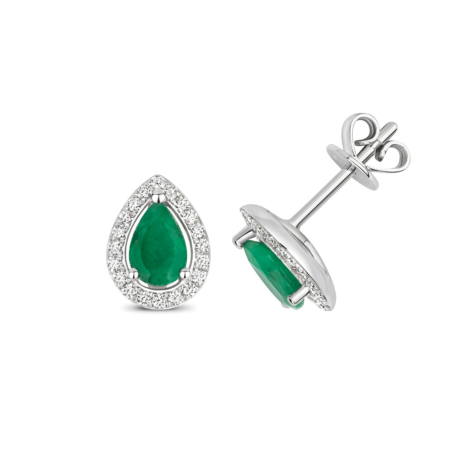 DIAMOND & EMERALD PEAR SHAPE HALO STUDS IN 9CT WHITE GOLD