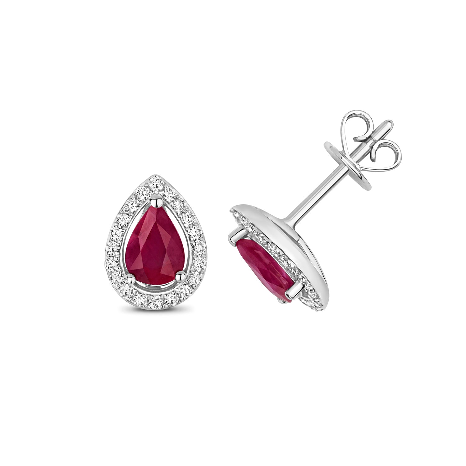DIAMOND & RUBY PEAR SHAPE HALO STUDS IN 9CT WHITE GOLD