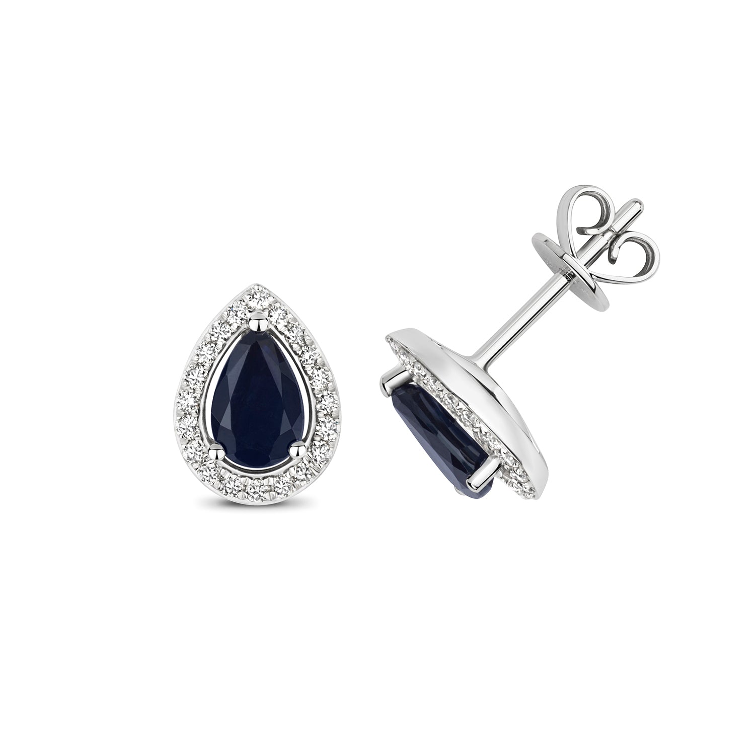 DIAMOND & SAPPHIRE PEAR SHAPE HALO STUDS IN 9CT WHITE GOLD