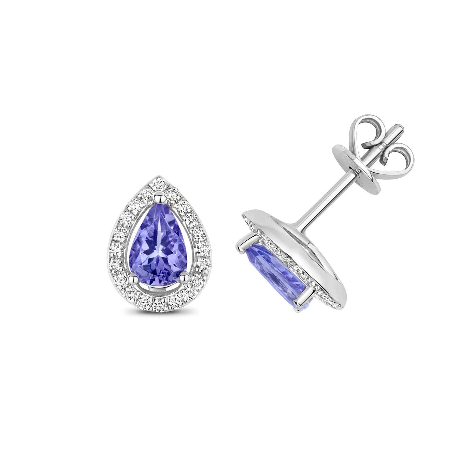 DIAMOND & TANZANITE PEAR SHAPE HALO STUDS IN 9CT WHITE GOLD