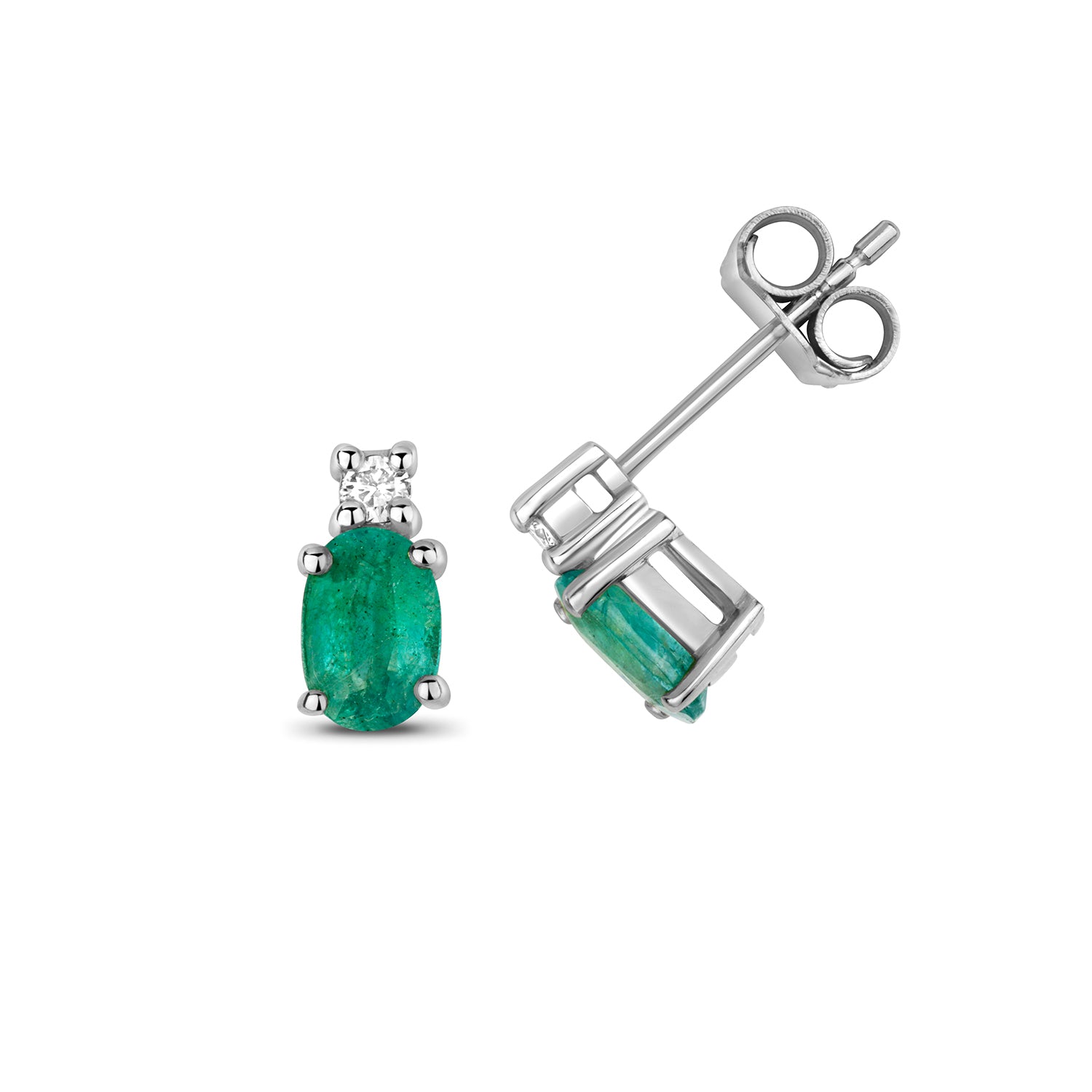 DIAMOND & EMERALD OVAL CLAW SET STUDS IN 9CT WHITE GOLD