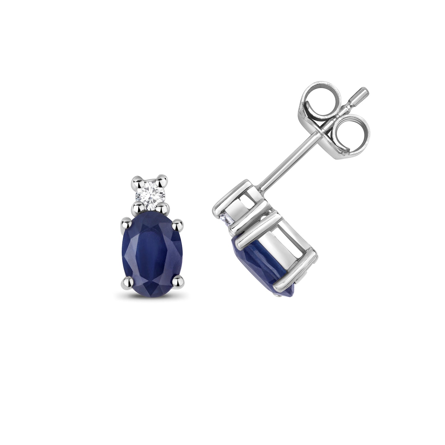 DIAMOND & SAPPHIRE OVAL CLAW SET STUDS IN 9CT WHITE GOLD