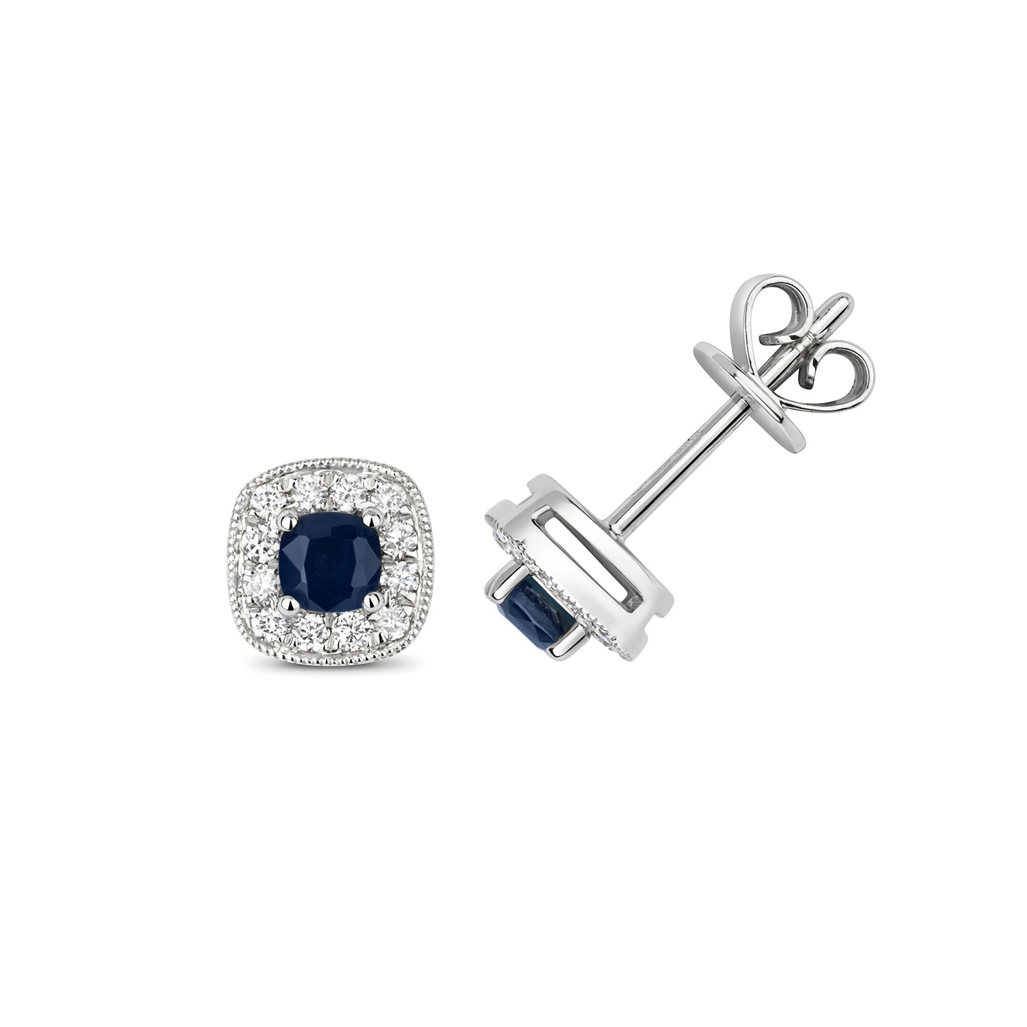 DIAMOND & SAPPHIRE CUSHION CLUSTER STUDS IN 9CT WHITE GOLD