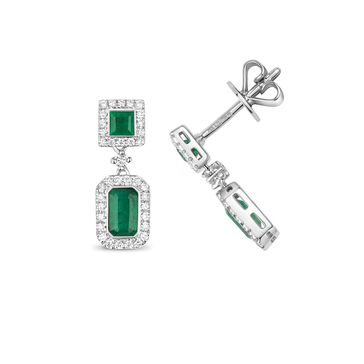 DIAMOND & EMERALD SQUARE AND OCTAGON CLUSTER DROPS IN 9CT WHITE GOLD