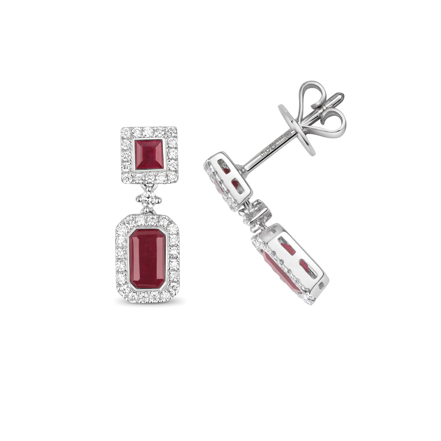 DIAMOND & RUBY SQUARE AND OCTAGON CLUSTER DROPS IN 9CT WHITE GOLD