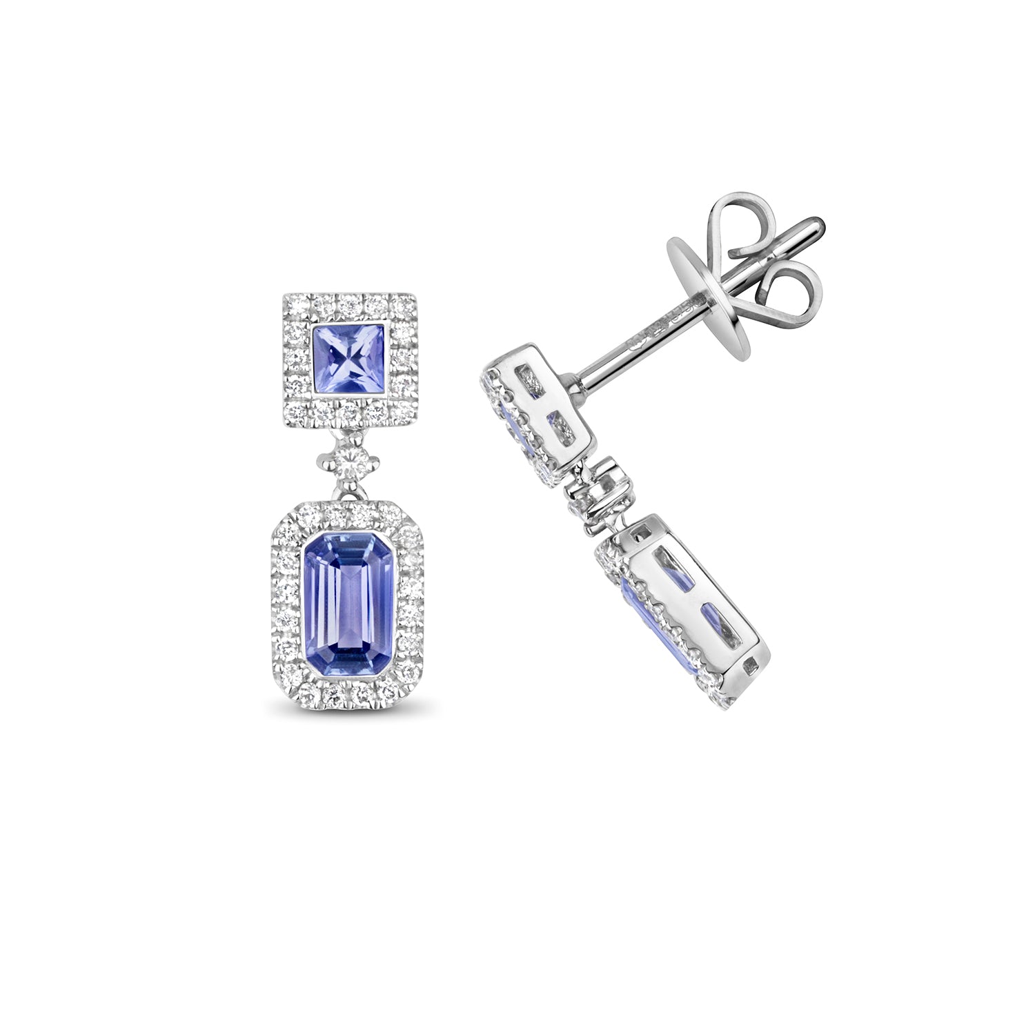 DIAMOND & TANZANITE SQUARE AND OCTAGON CLUSTER DROPS IN 9CT WHITE GOLD