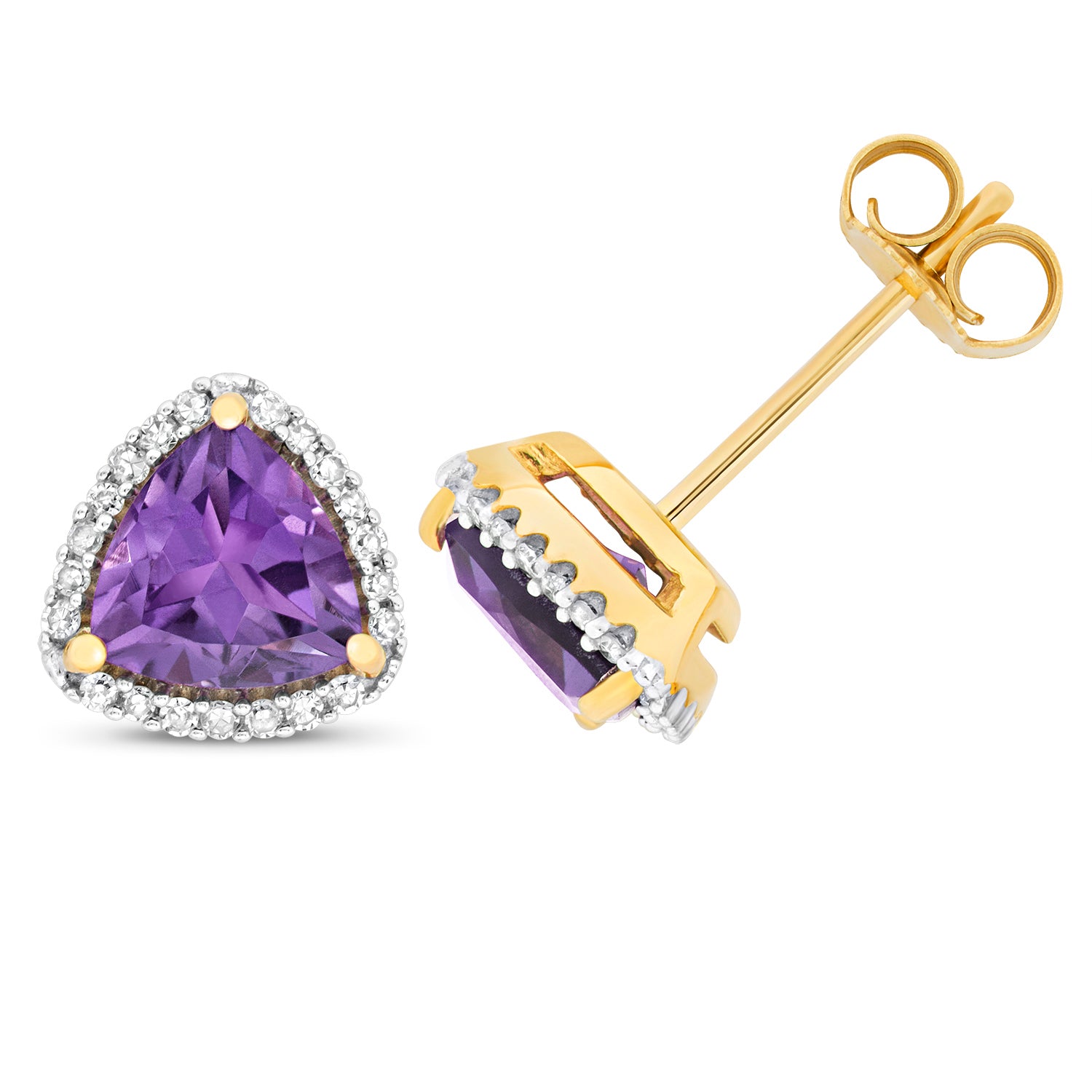 DIAMOND & AMETHYST ROUNDED TRIANGLE CLUSTER STUDS IN 9CT GOLD