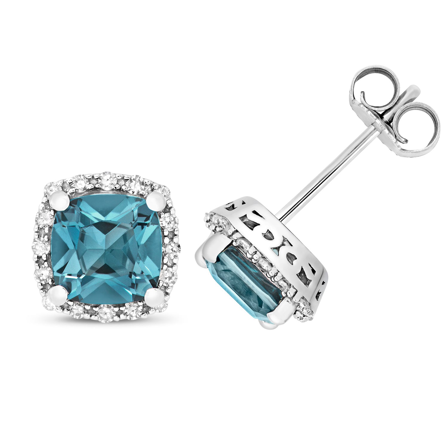 DIAMOND & LONDON BLUE TOPAZ CUSHION CLUSTER STUDS IN 9CT WHITE GOLD