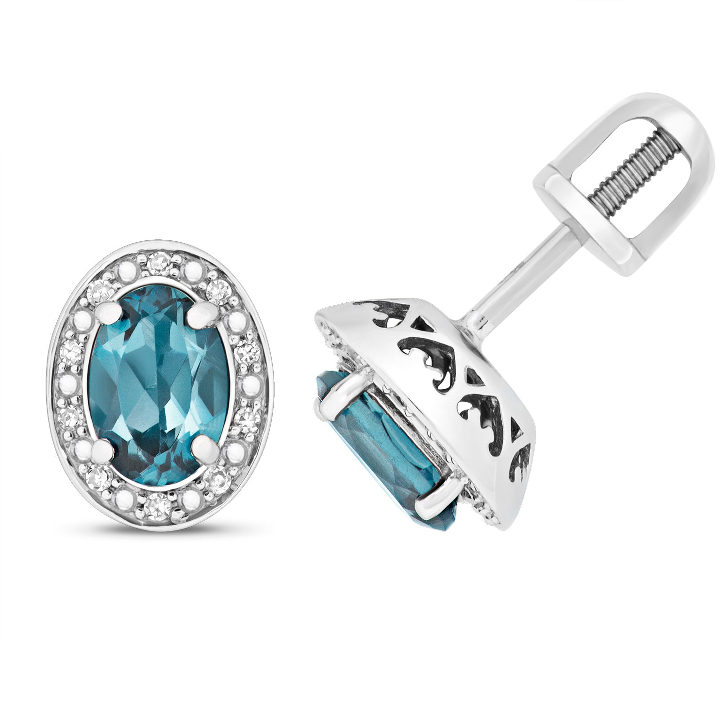 DIAMOND & LONDON BLUE TOPAZ OVAL CLUSTER STUDS IN 9CT WHITE GOLD