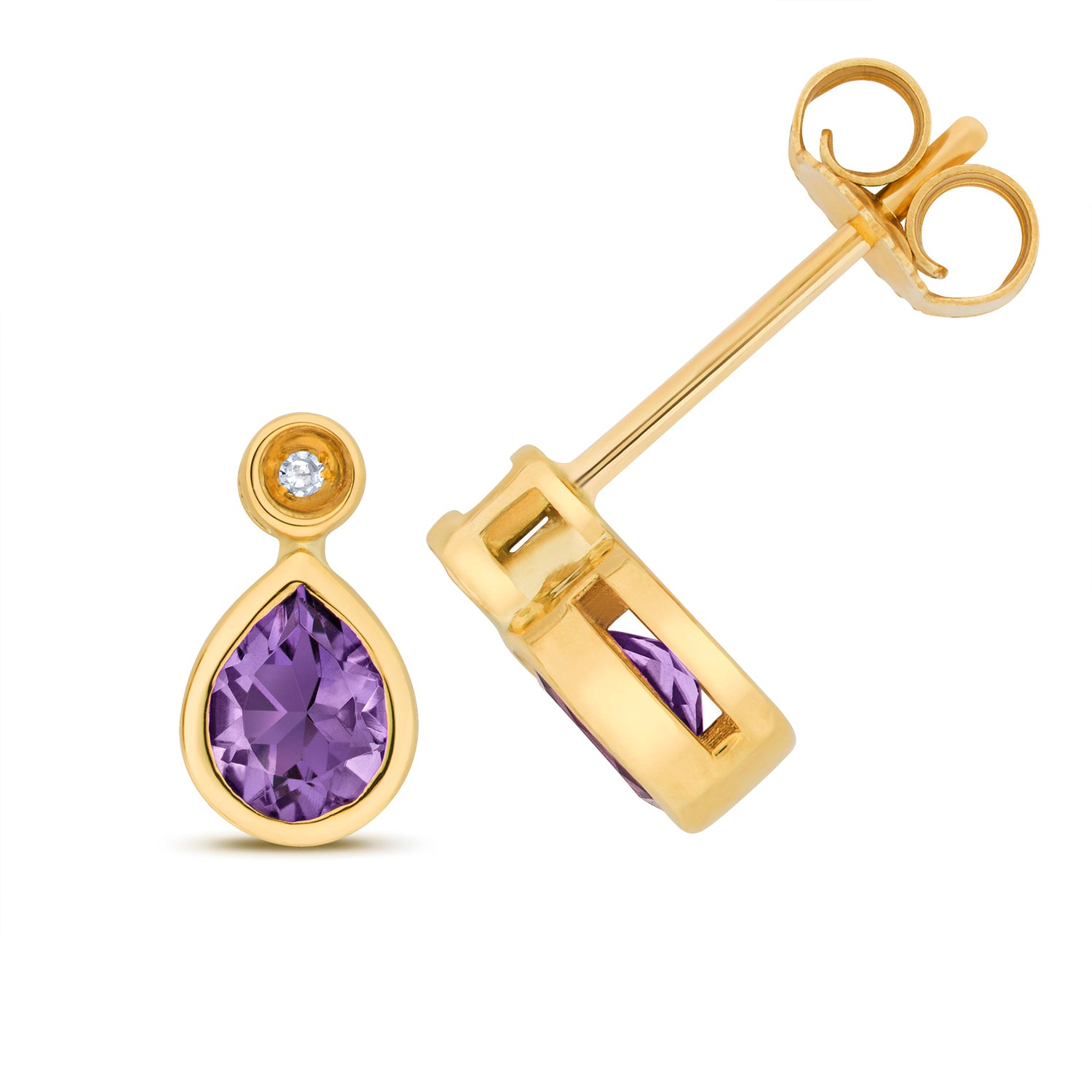 DIAMOND & AMETHYST PEAR SHAPE RUBOVER STUDS IN 9CT GOLD