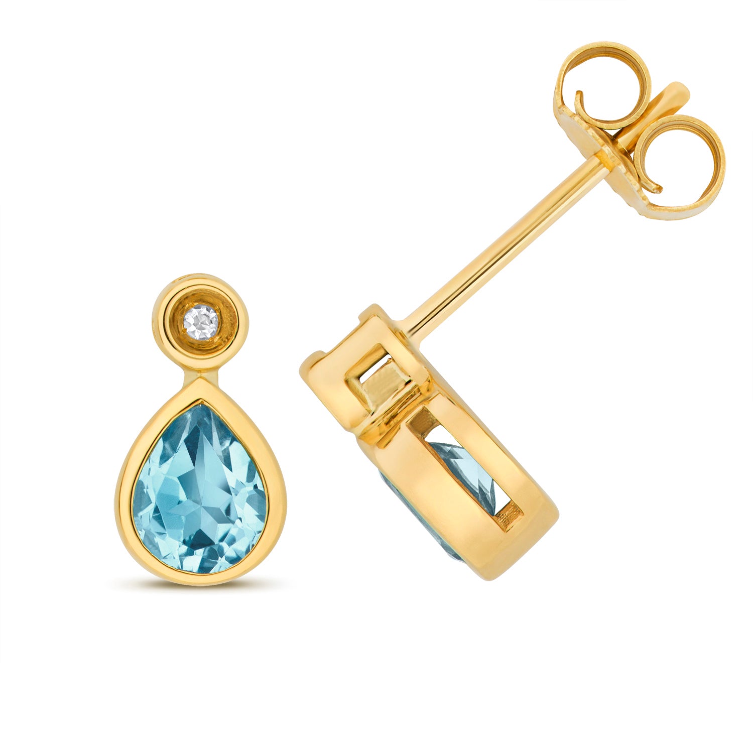 DIAMOND & LIGHT SWISS BLUE TOPAZ PEAR SHAPE RUBOVER STUDS IN 9CT GOLD