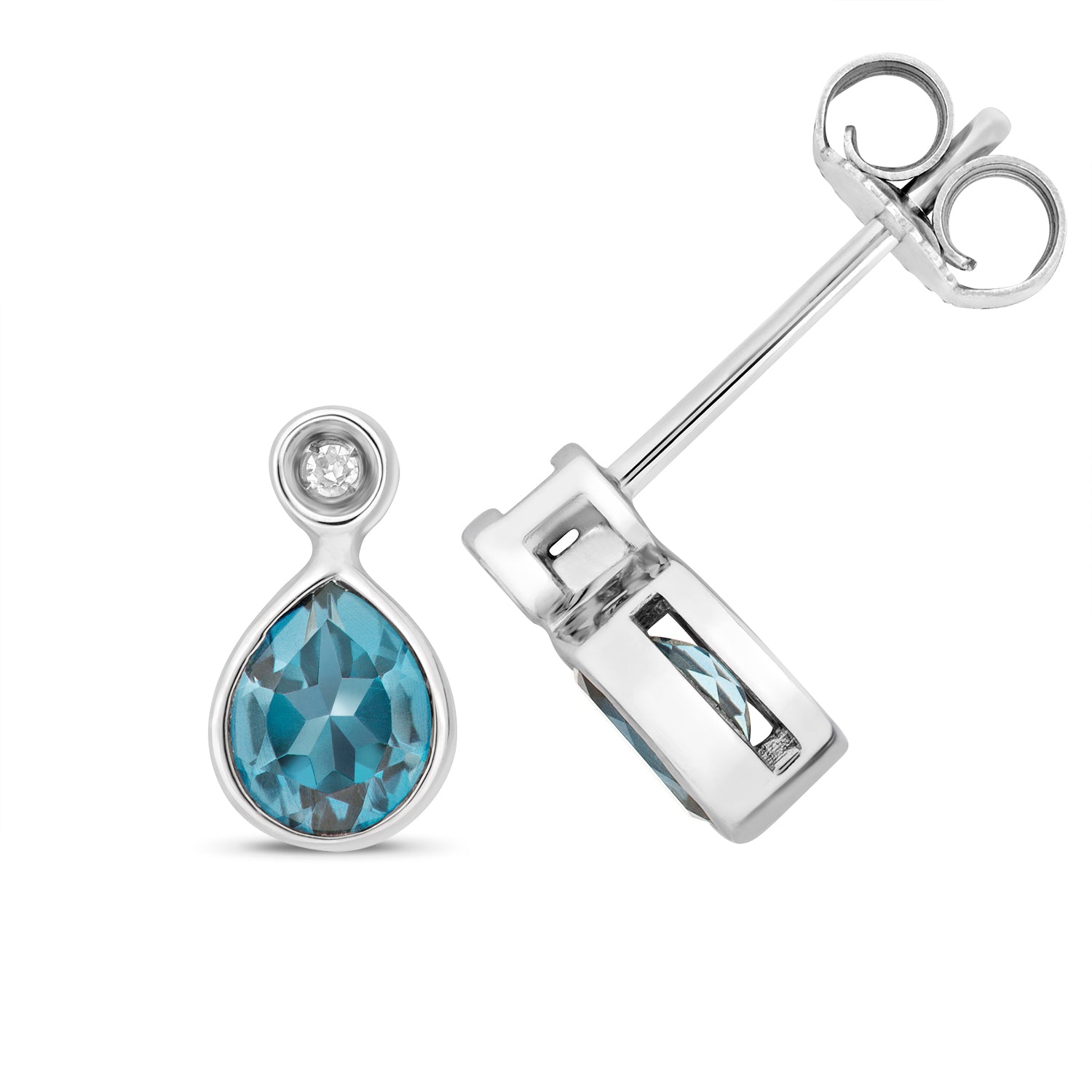 DIAMOND & LONDON BLUE TOPAZ PEAR SHAPE RUBOVER STUDS IN 9CT WHITE GOLD