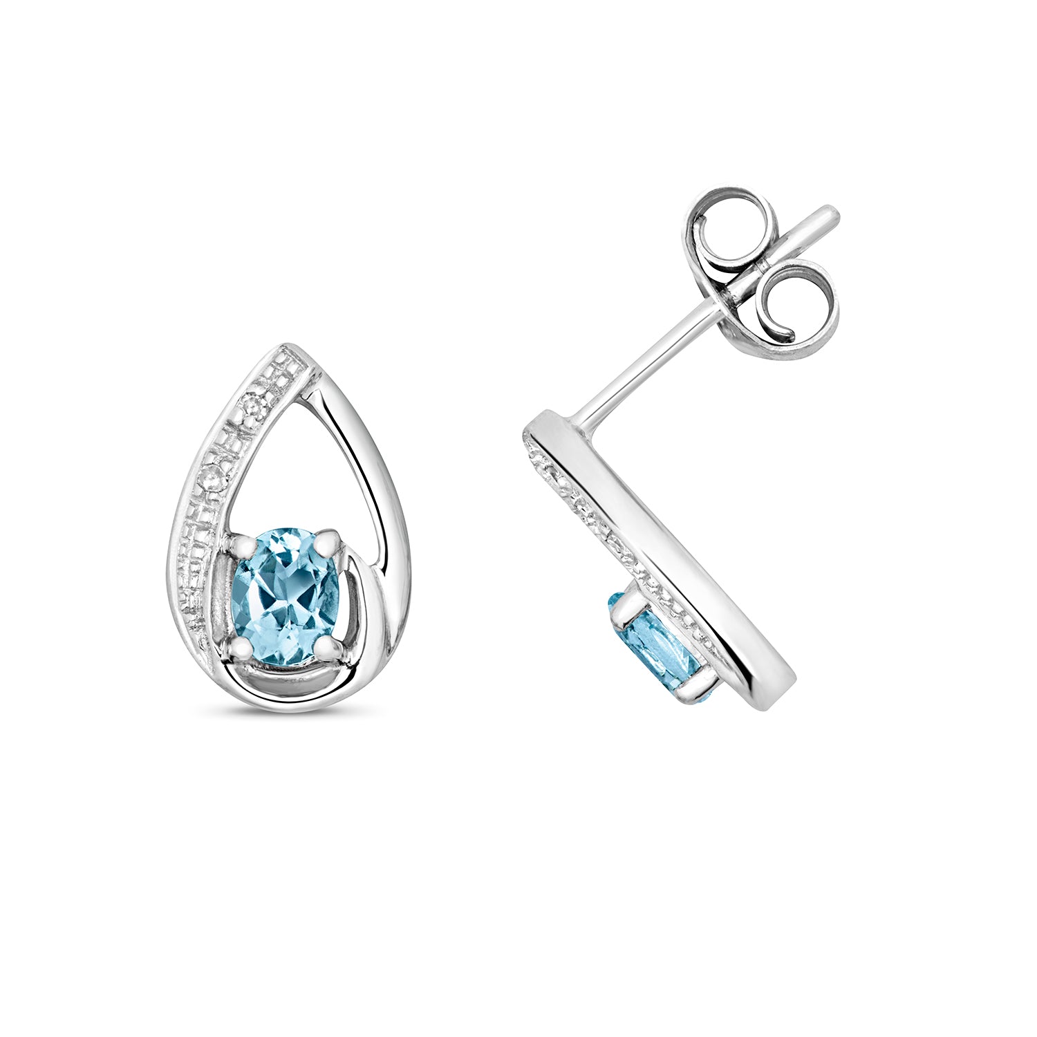 DIAMOND & AQUAMARINE OVAL AND PEAR SHAPE STUDS IN 9CT WHITE GOLD