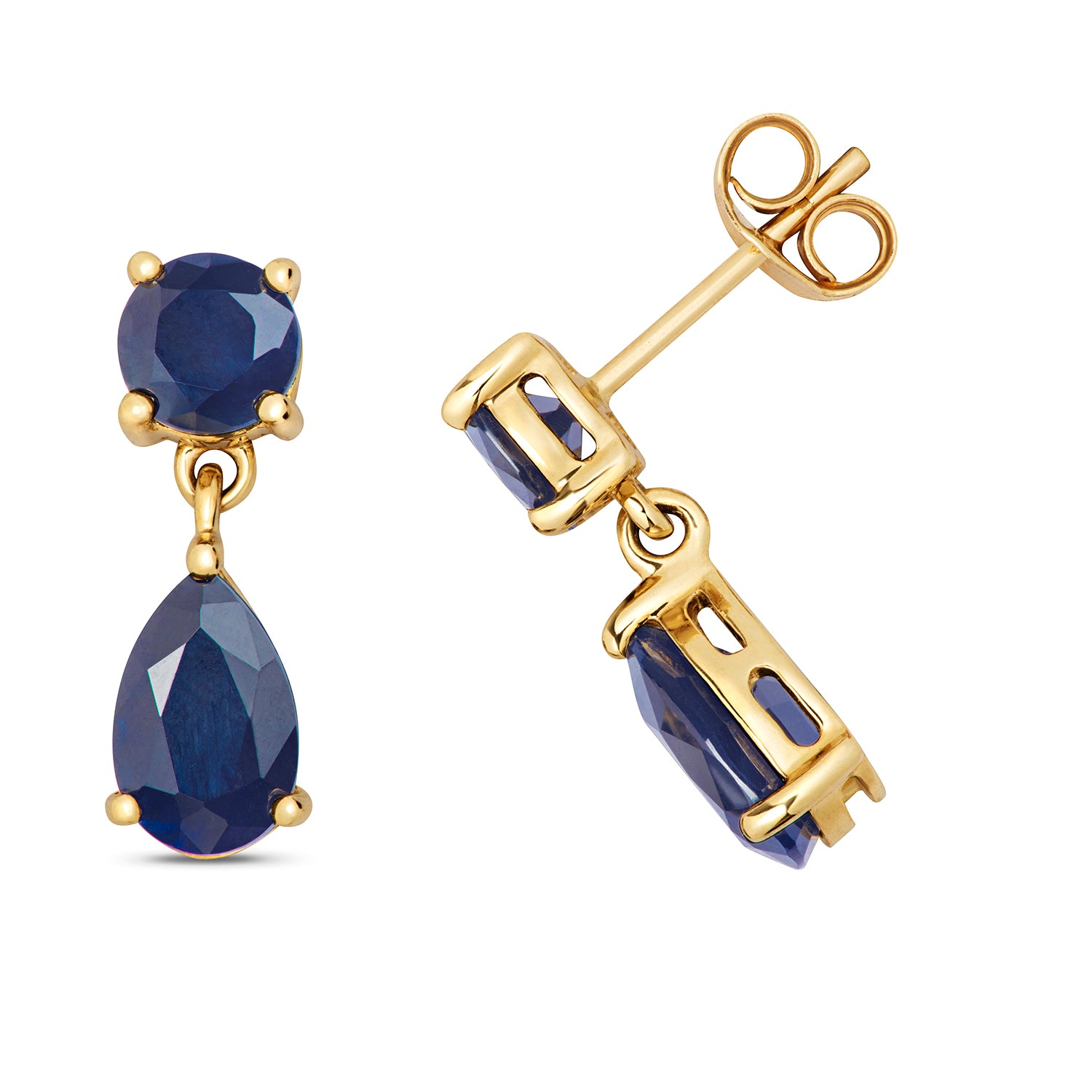 SAPPHIRE ROUND AND PEAR SHAPE DROPS IN 9CT GOLD