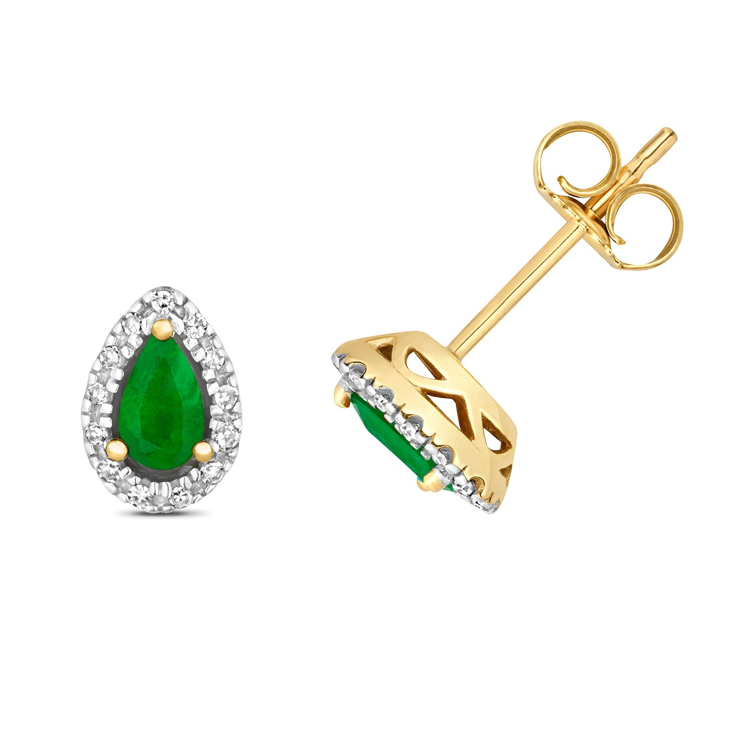 DIAMOND & EMERALD PEAR SHAPE HALO STUDS IN 9CT GOLD