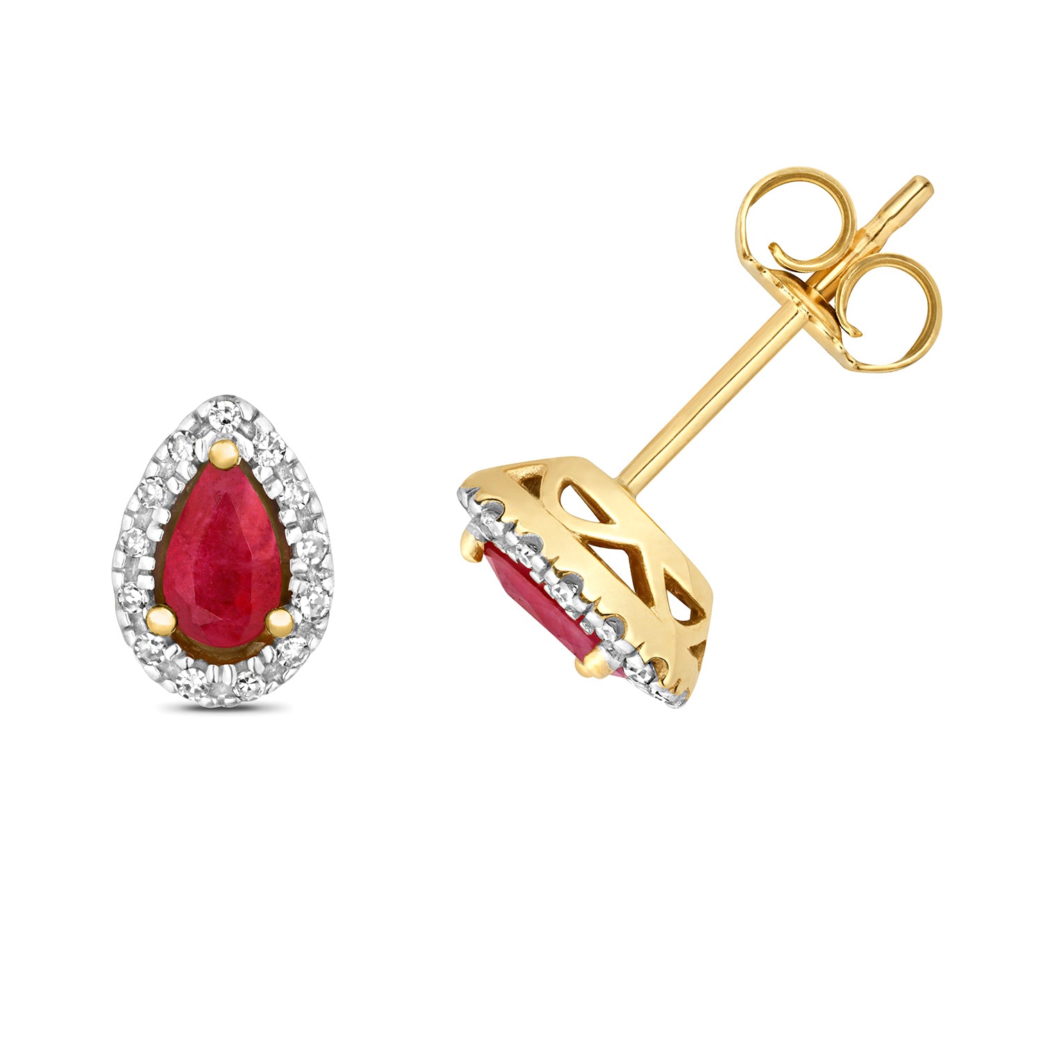 DIAMOND & RUBY PEAR SHAPE HALO STUDS IN 9CT GOLD