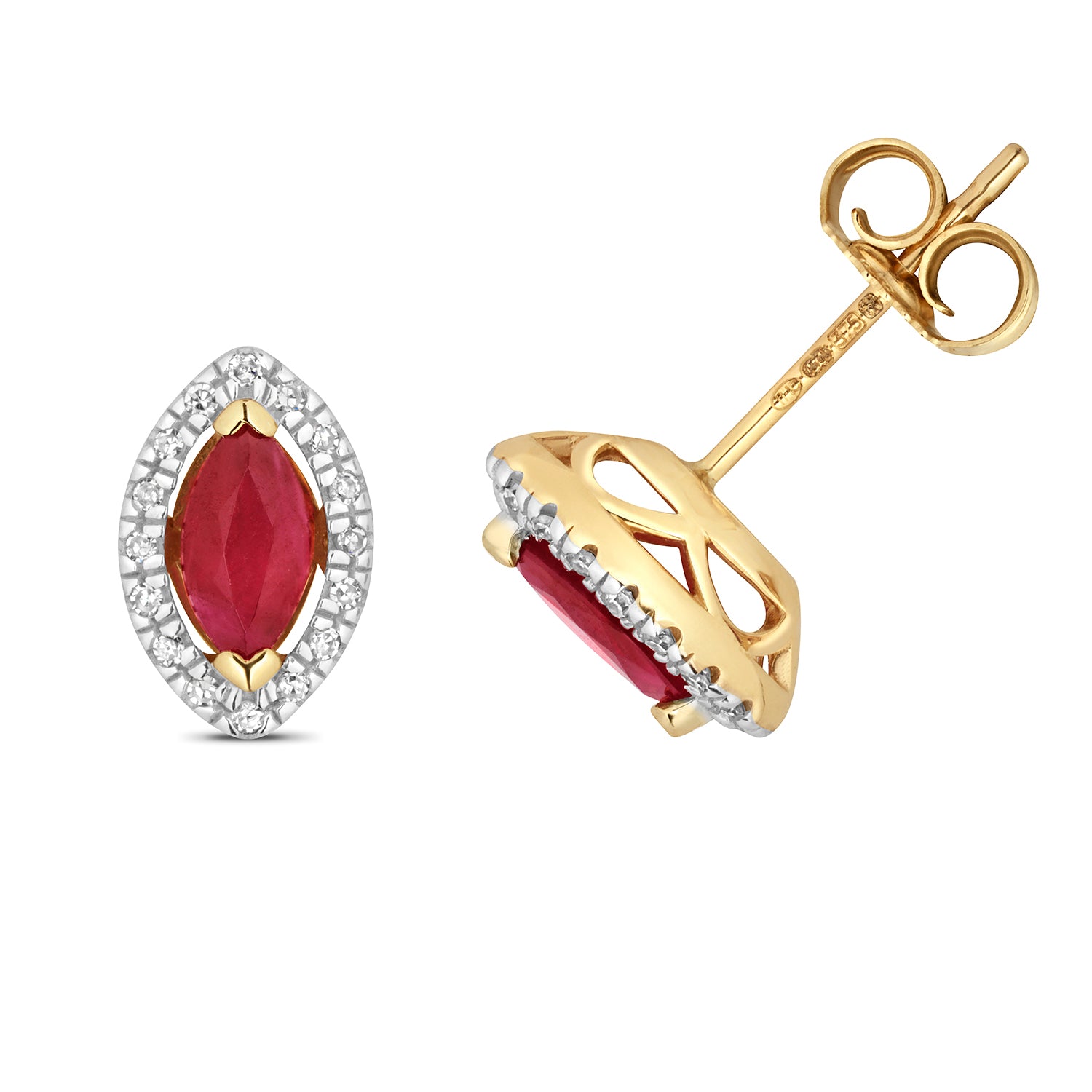 DIAMOND & RUBY MARQUISE HALO STUDS IN 9CT GOLD