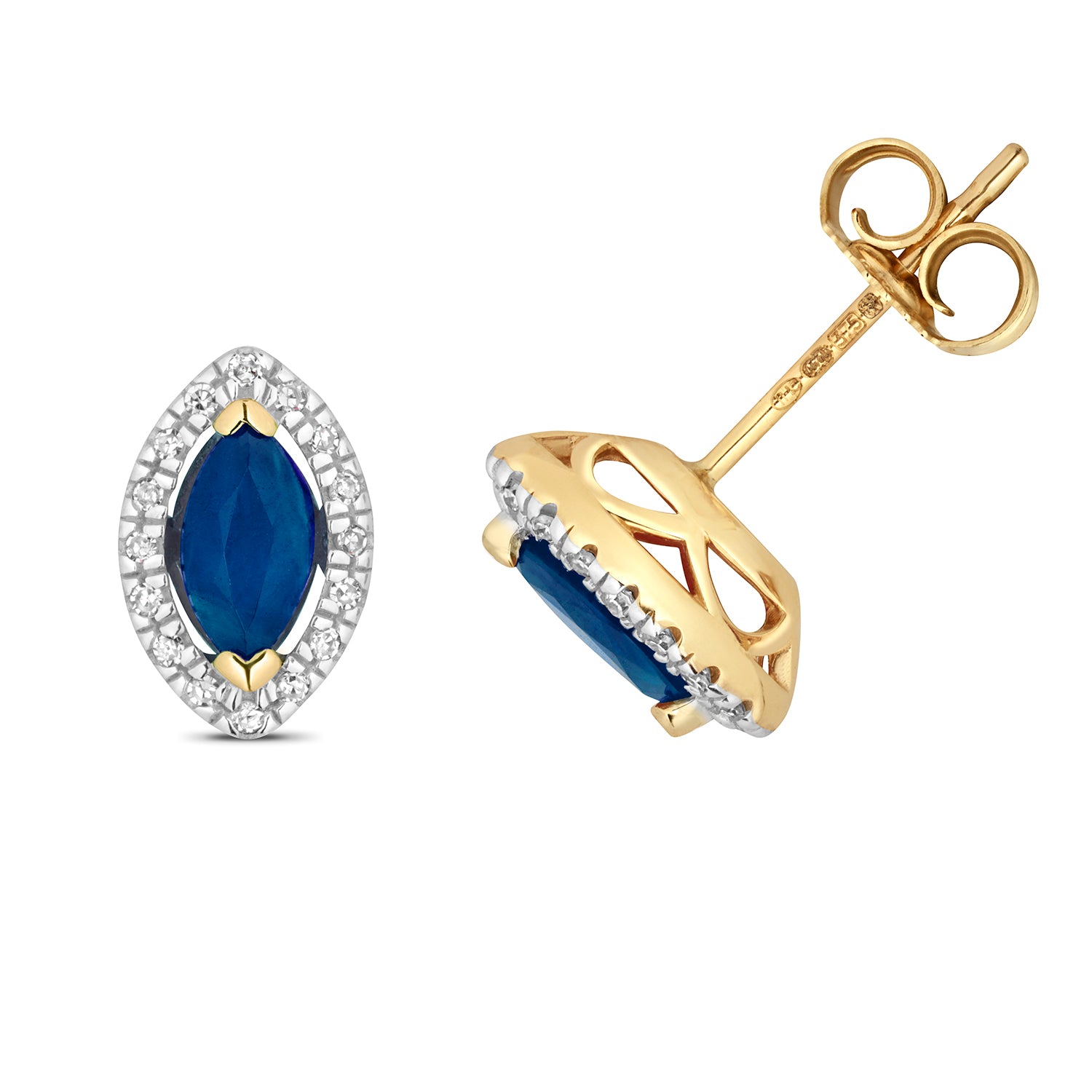 DIAMOND & SAPPHIRE MARQUISE HALO STUDS IN 9CT GOLD