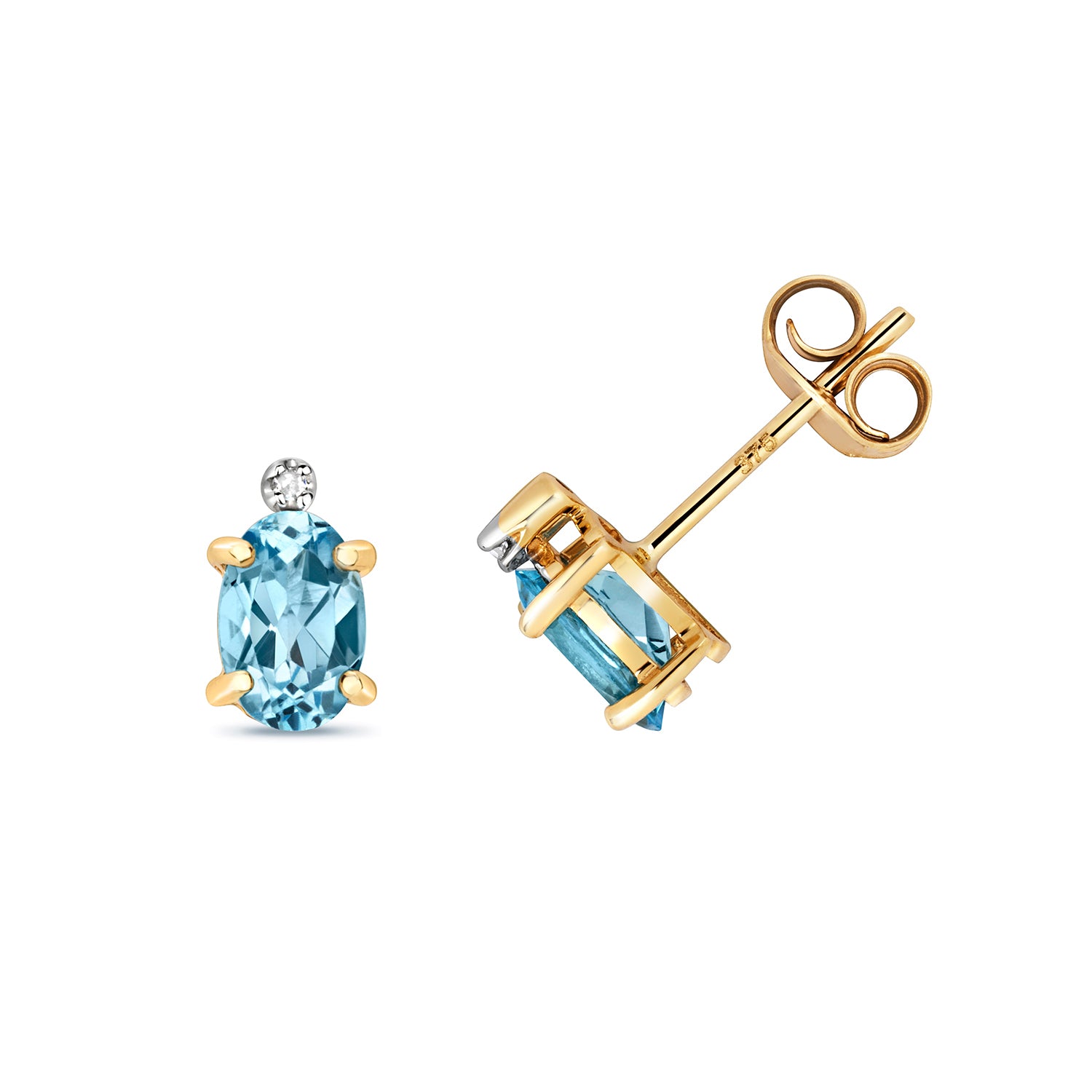 DIAMOND & BLUE TOPAZ OVAL CLAW SET STUDS IN 9CT GOLD