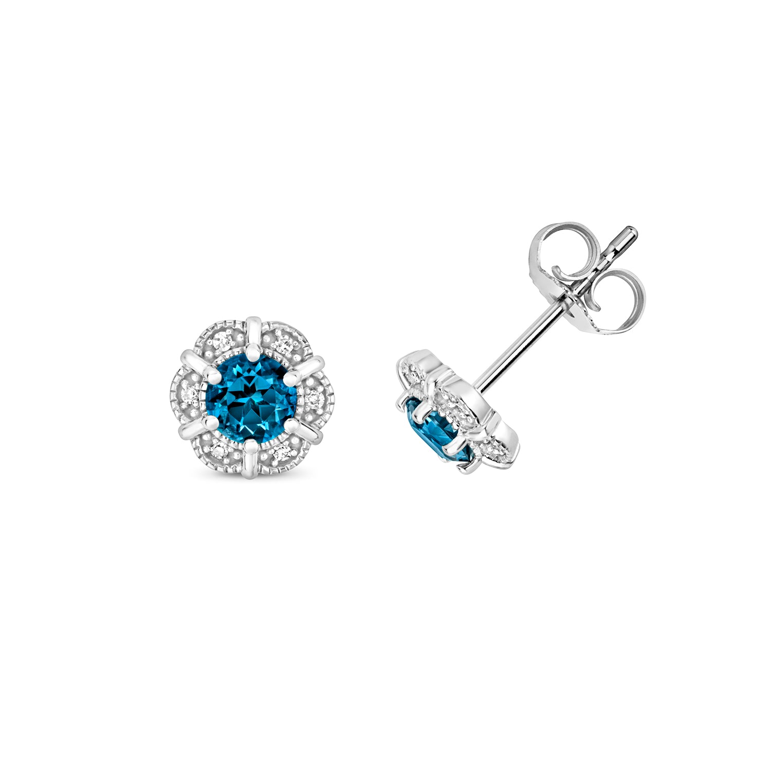 DIAMOND & LONDON BLUE TOPAZ ROUND DECO STYLE CLUSTER STUDS IN 9CT WHITE GOLD