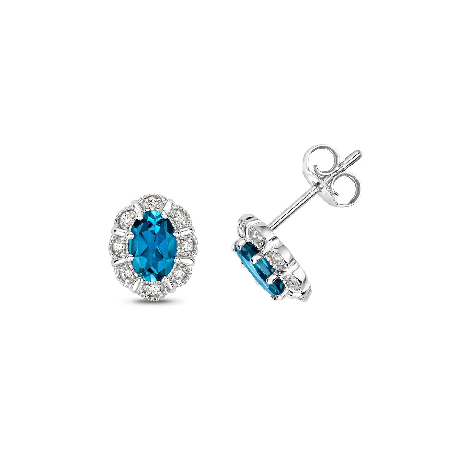 DIAMOND & LONDON BLUE TOPAZ OVAL DECO STYLE CLUSTER STUDS IN 9CT WHITE GOLD