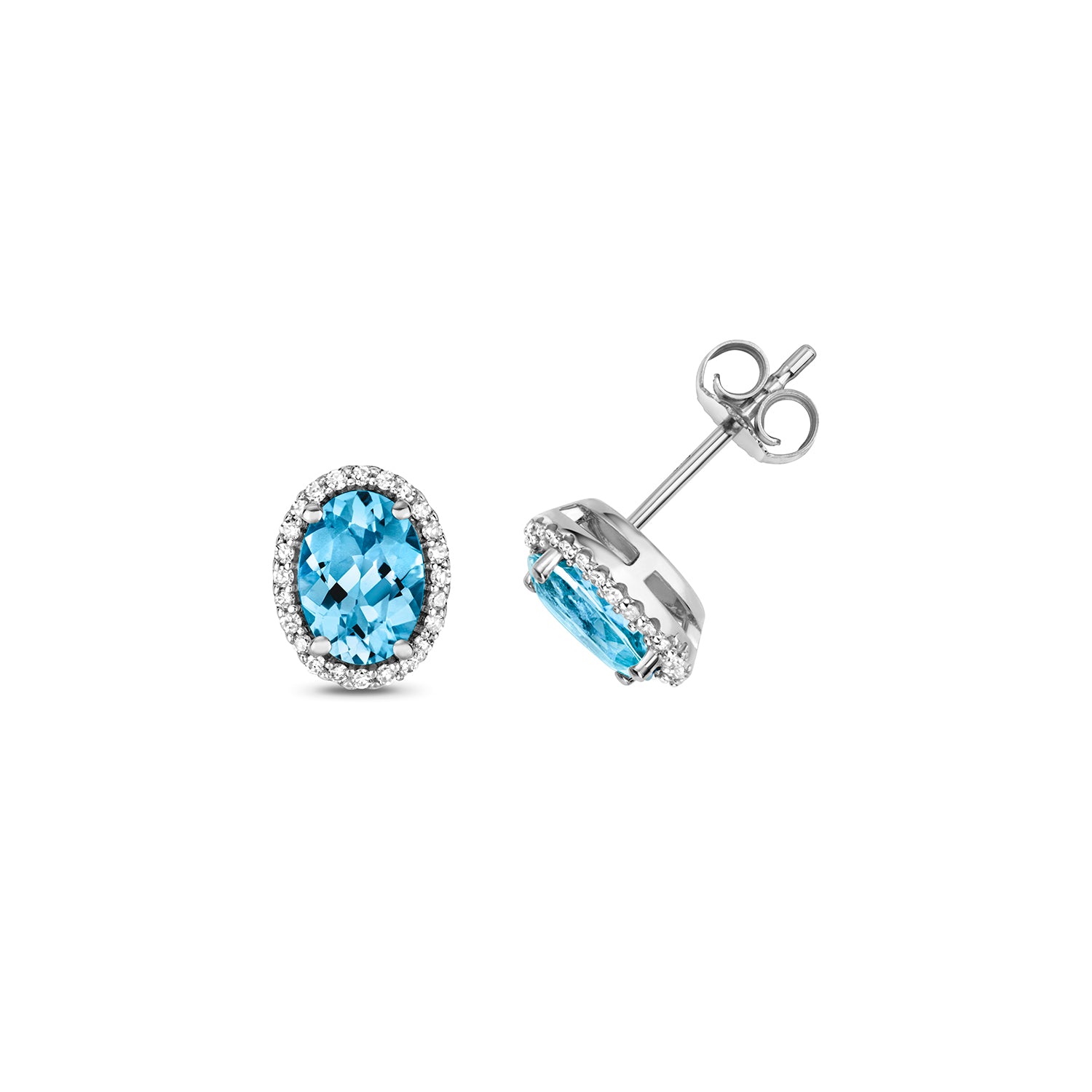 DIAMOND & SWISS BLUE TOPAZ OVAL CLUSTER STUDS IN 9CT WHITE GOLD