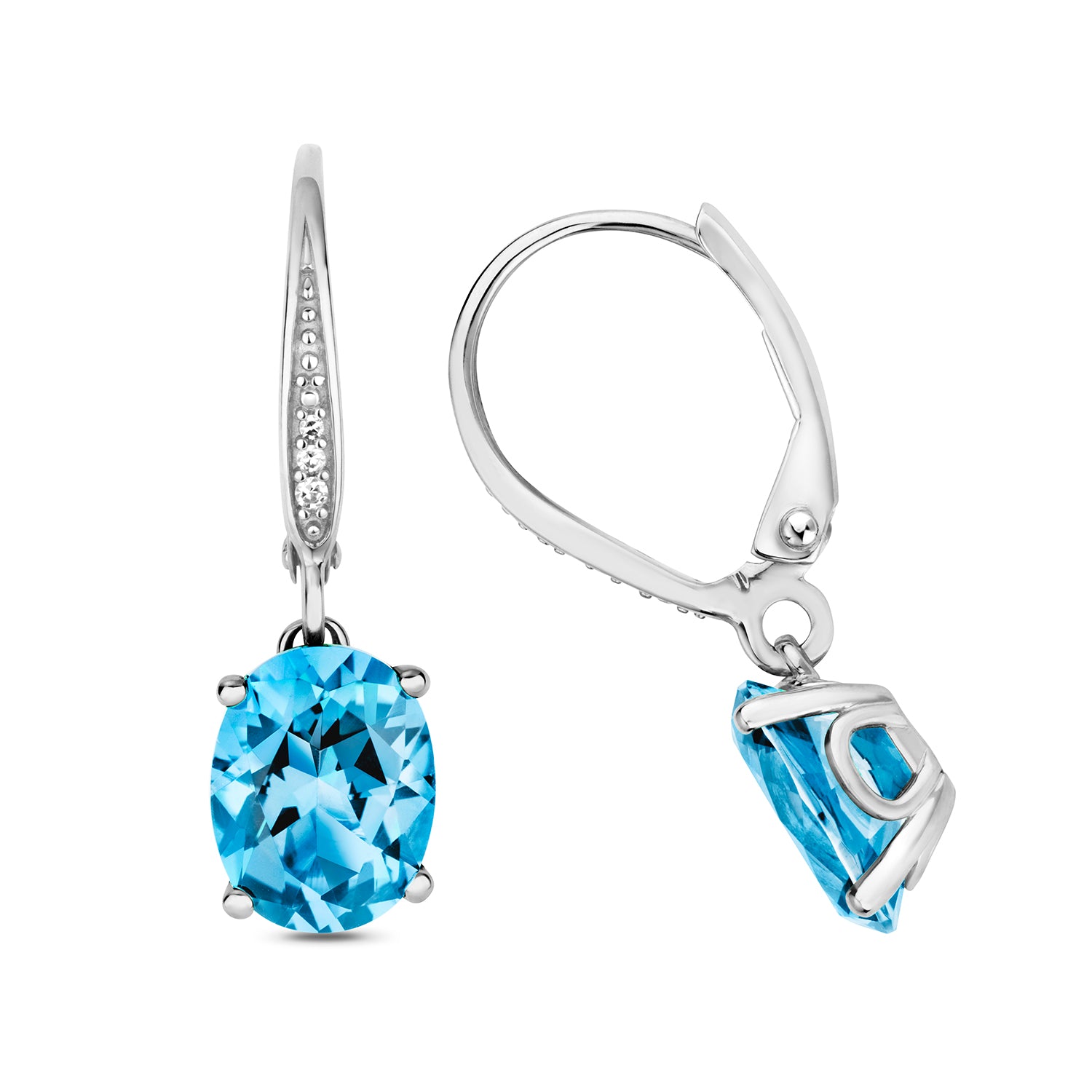 DIAMOND & SWISS BLUE TOPAZ OVAL CLAW SET DROPS IN 9CT WHITE GOLD