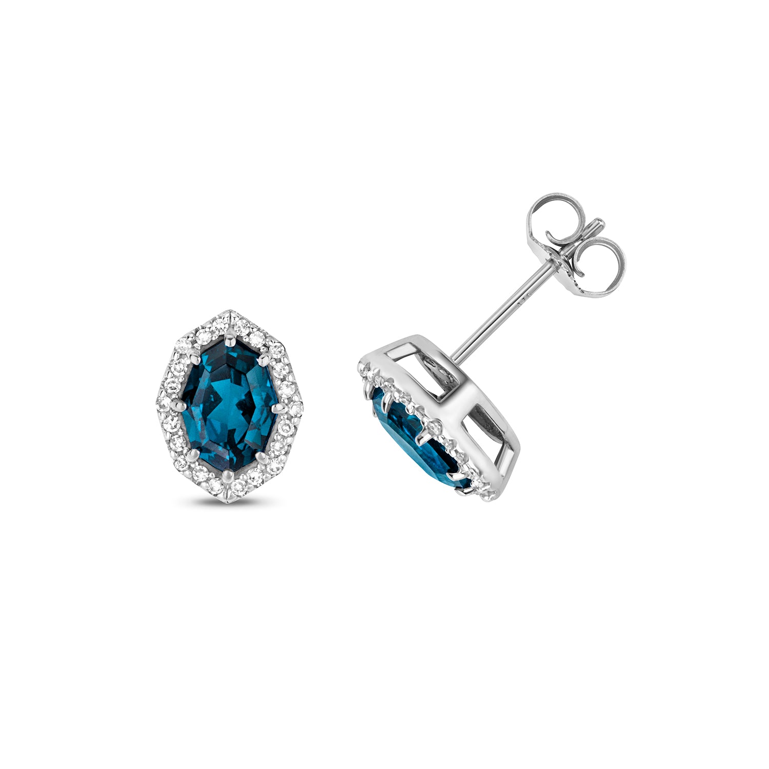 DIAMOND & LONDON BLUE TOPAZ OCTAGON CLUSTER STUDS IN 9CT WHITE GOLD