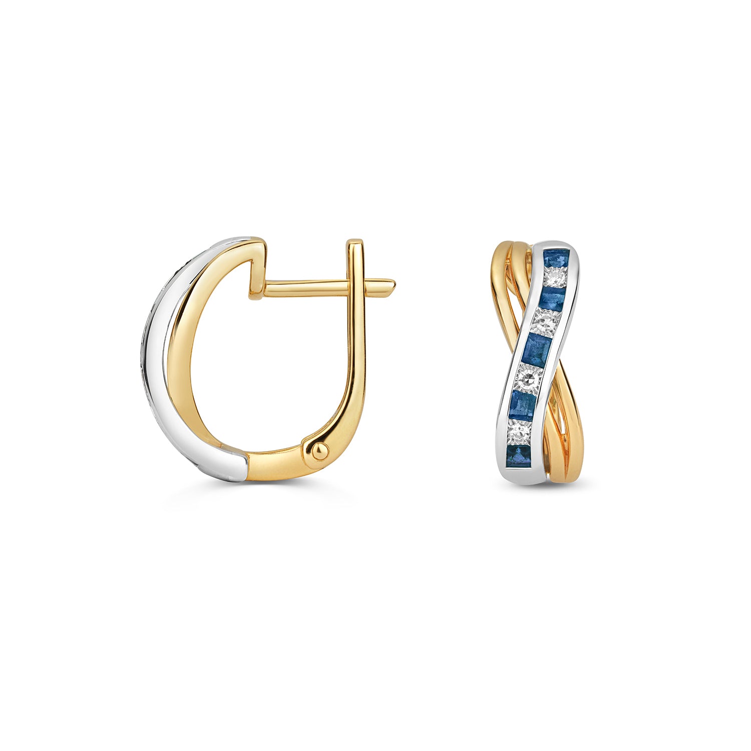 DIAMOND & SAPPHIRE SQUARE 2 TONE CROSSOVER HOOPS IN 9CT GOLD