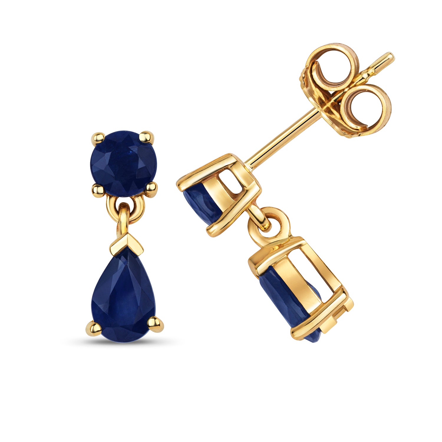 SAPPHIRE ROUND AND PEAR SHAPE DROPS IN 9CT GOLD
