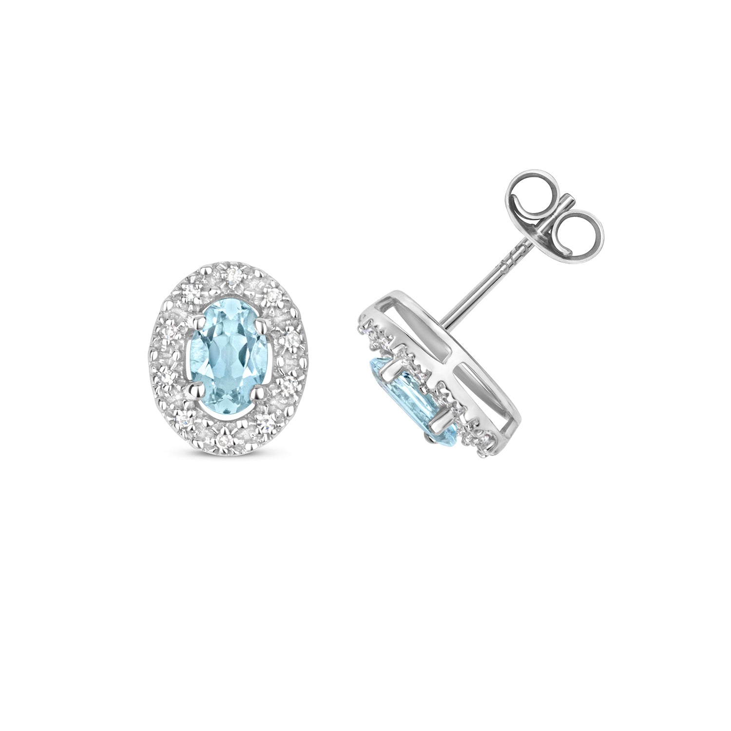 DIAMOND & AQUAMARINE HALO EARRING STUDS IN 9CT WHITE GOLD