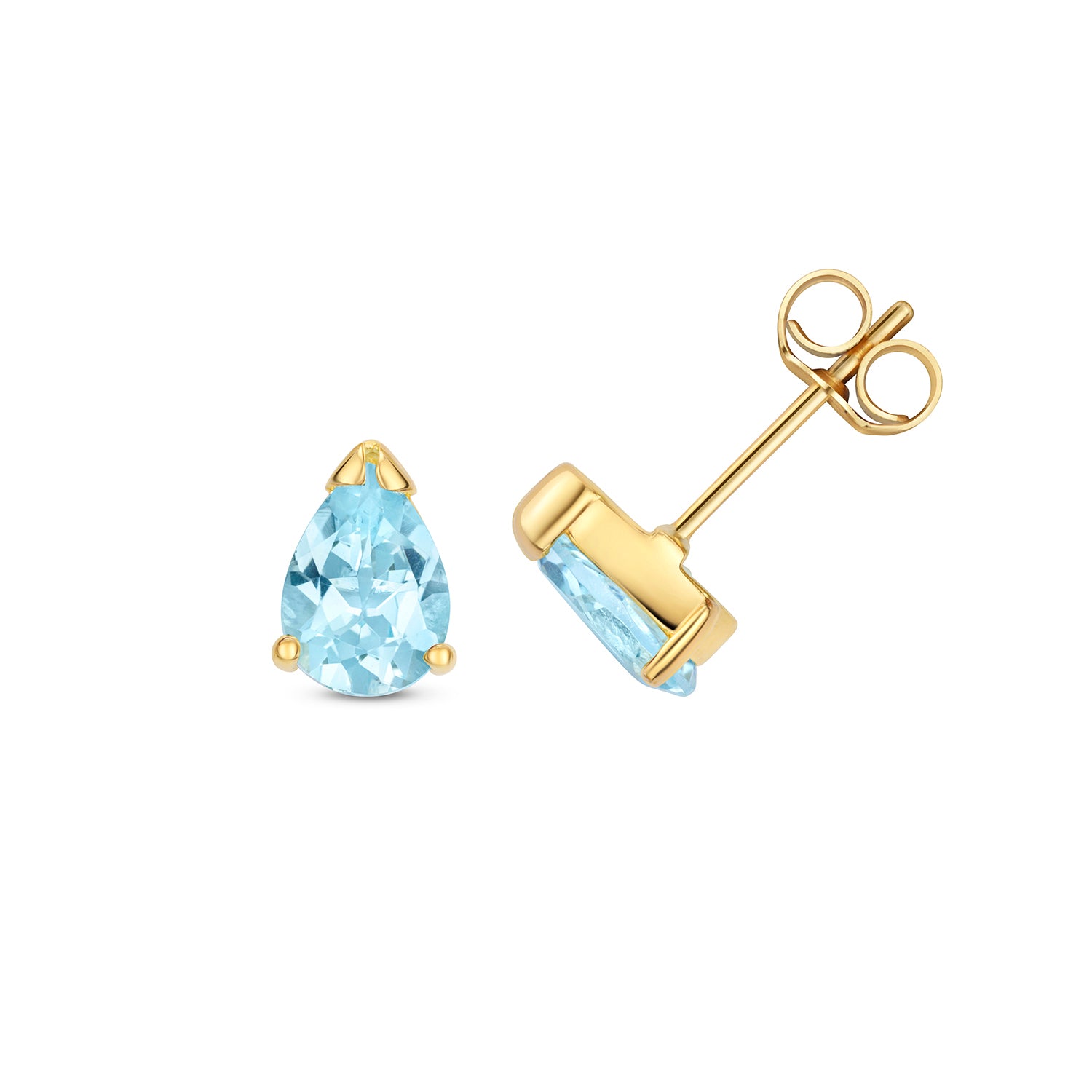BLUE TOPAZ PEAR SHAPE CLAW SET STUDS IN 9CT GOLD