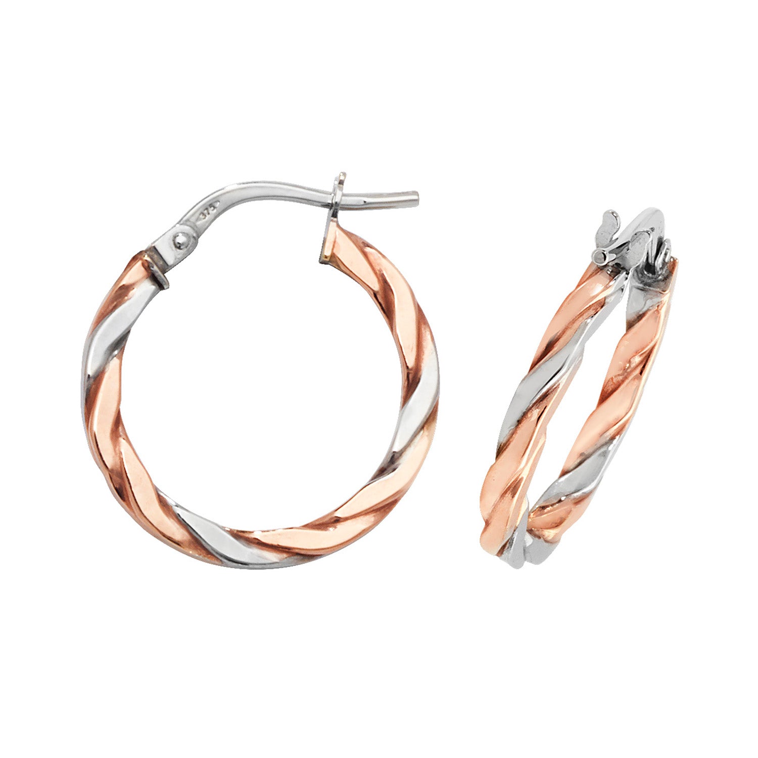 9CT ROSE/WHT GOLD 15MM HOOP EARRINGS